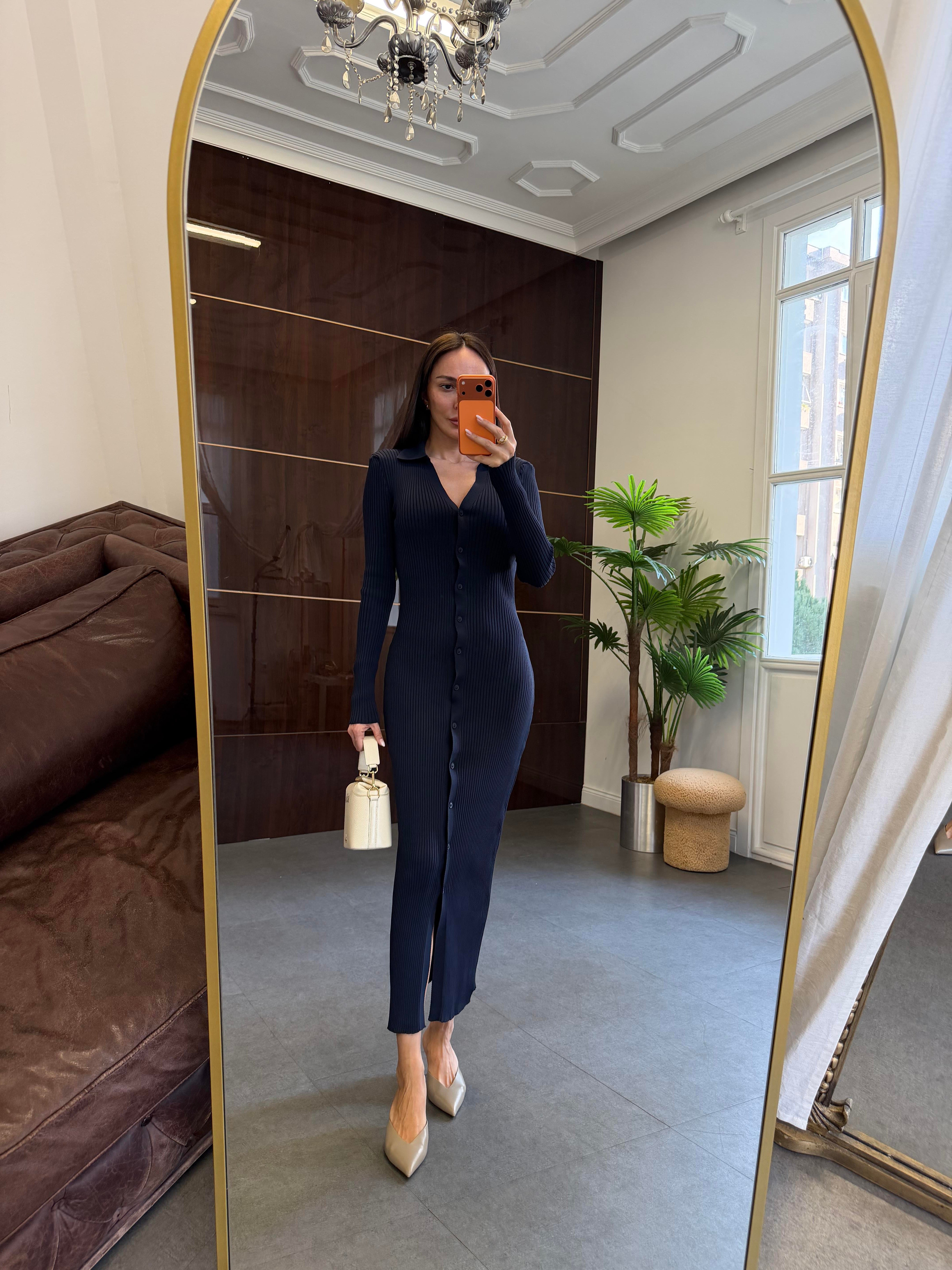 Lacivert Uzun Kollu Polo Yaka Elbise