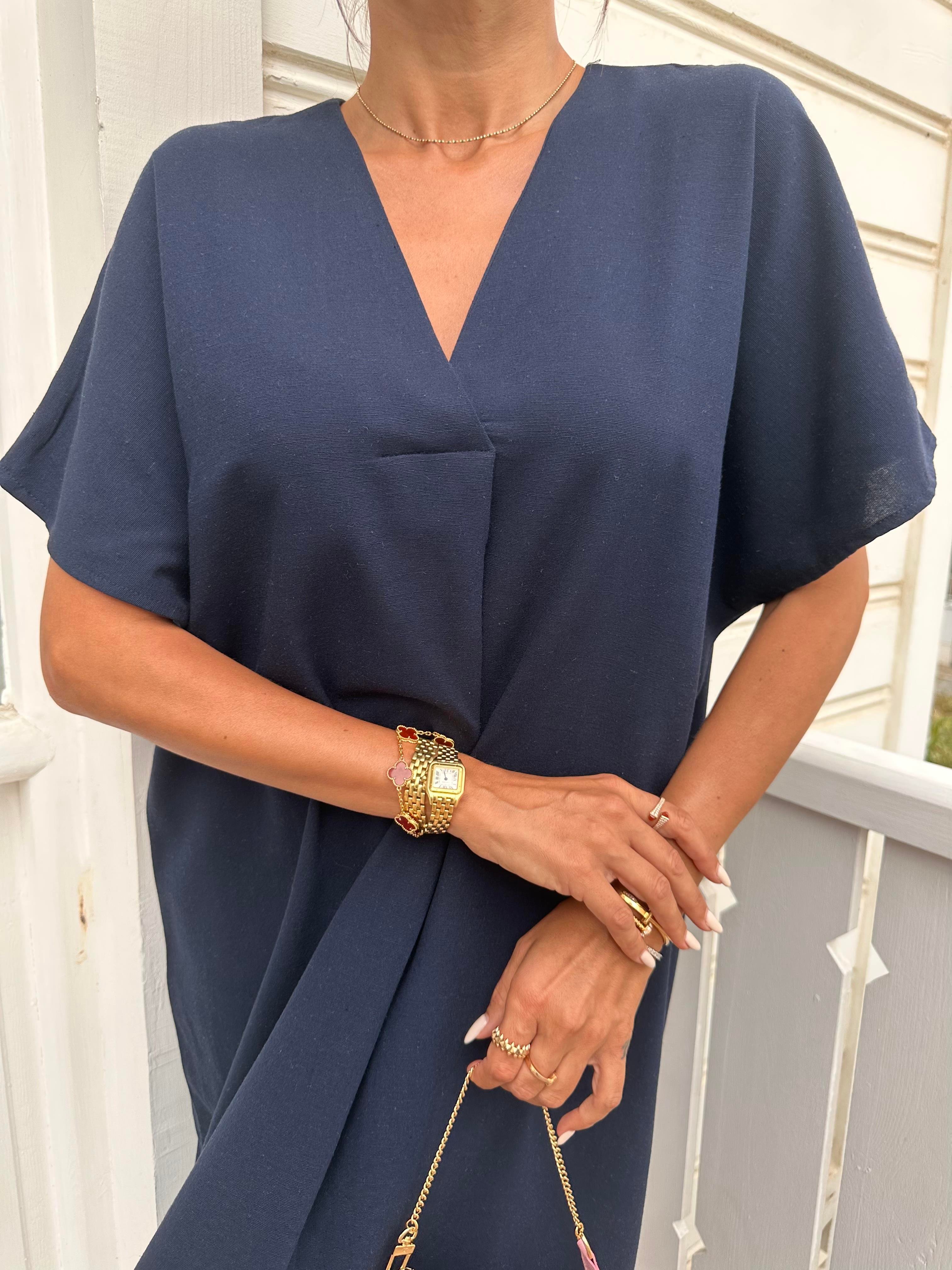 Lacivert  V Yaka Basic Elbise