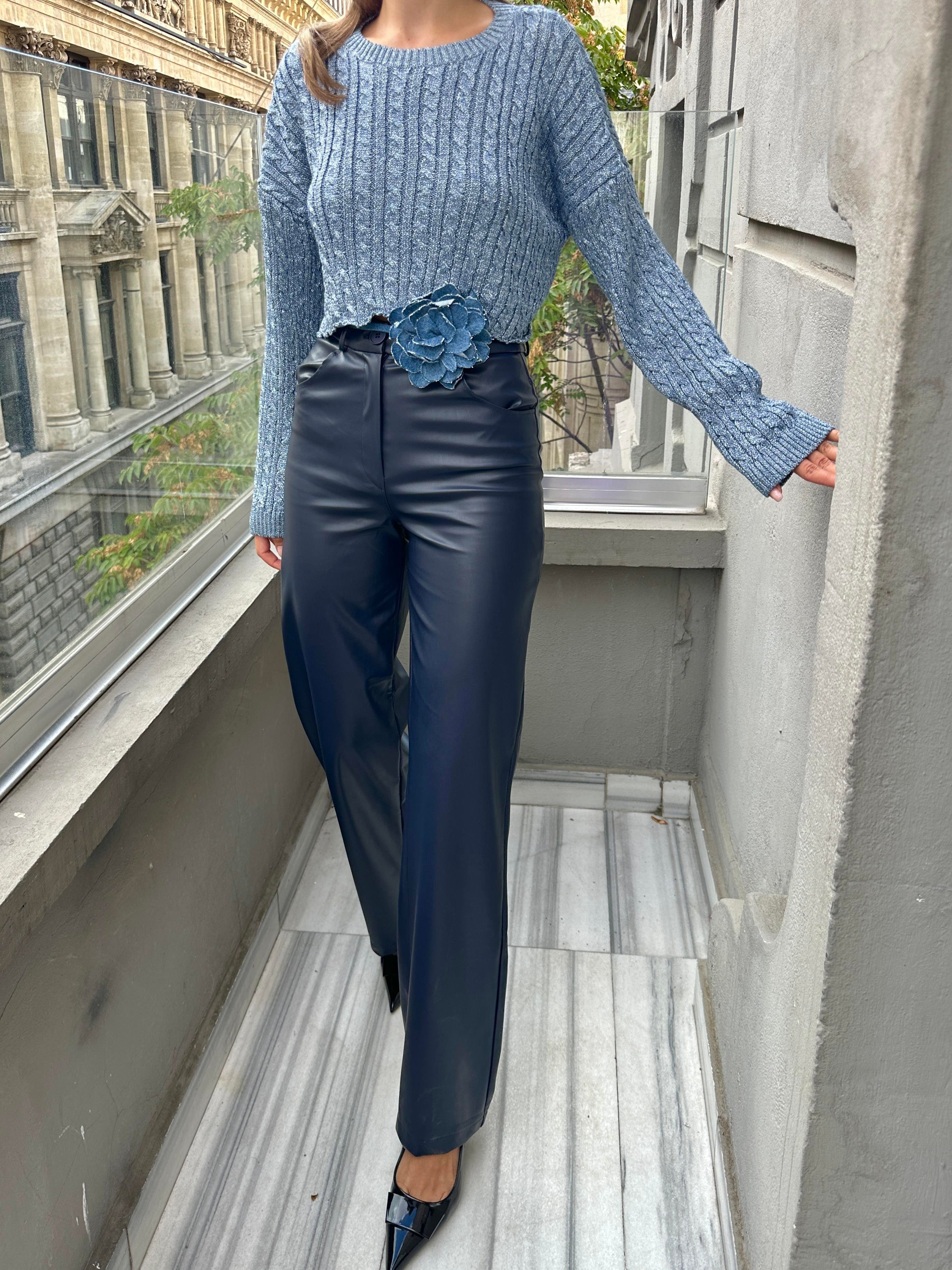 Lacivert Wide-Leg Deri Pantolon