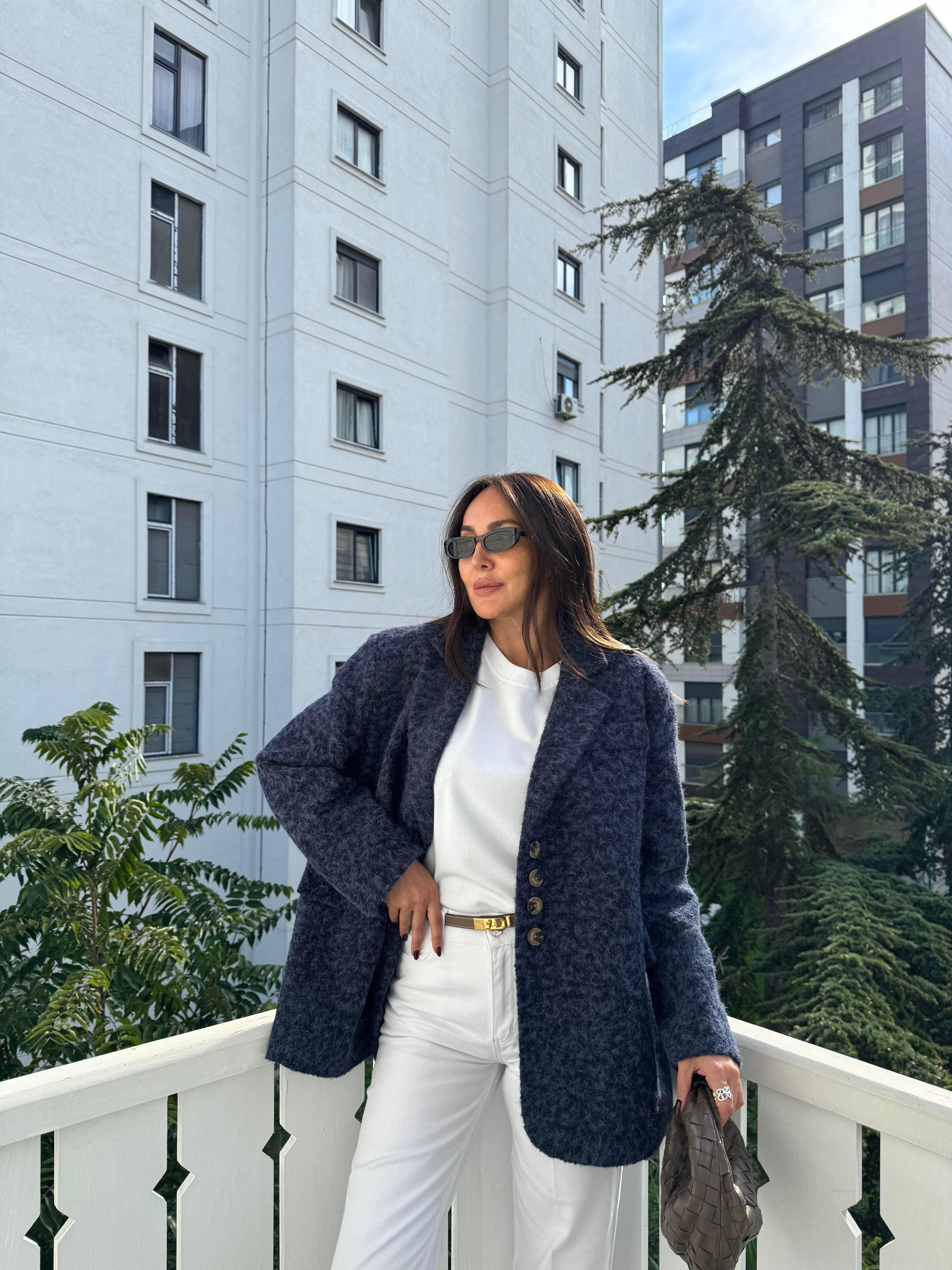 Lacivert Yalancı Cepli Kırçıllı Ceket