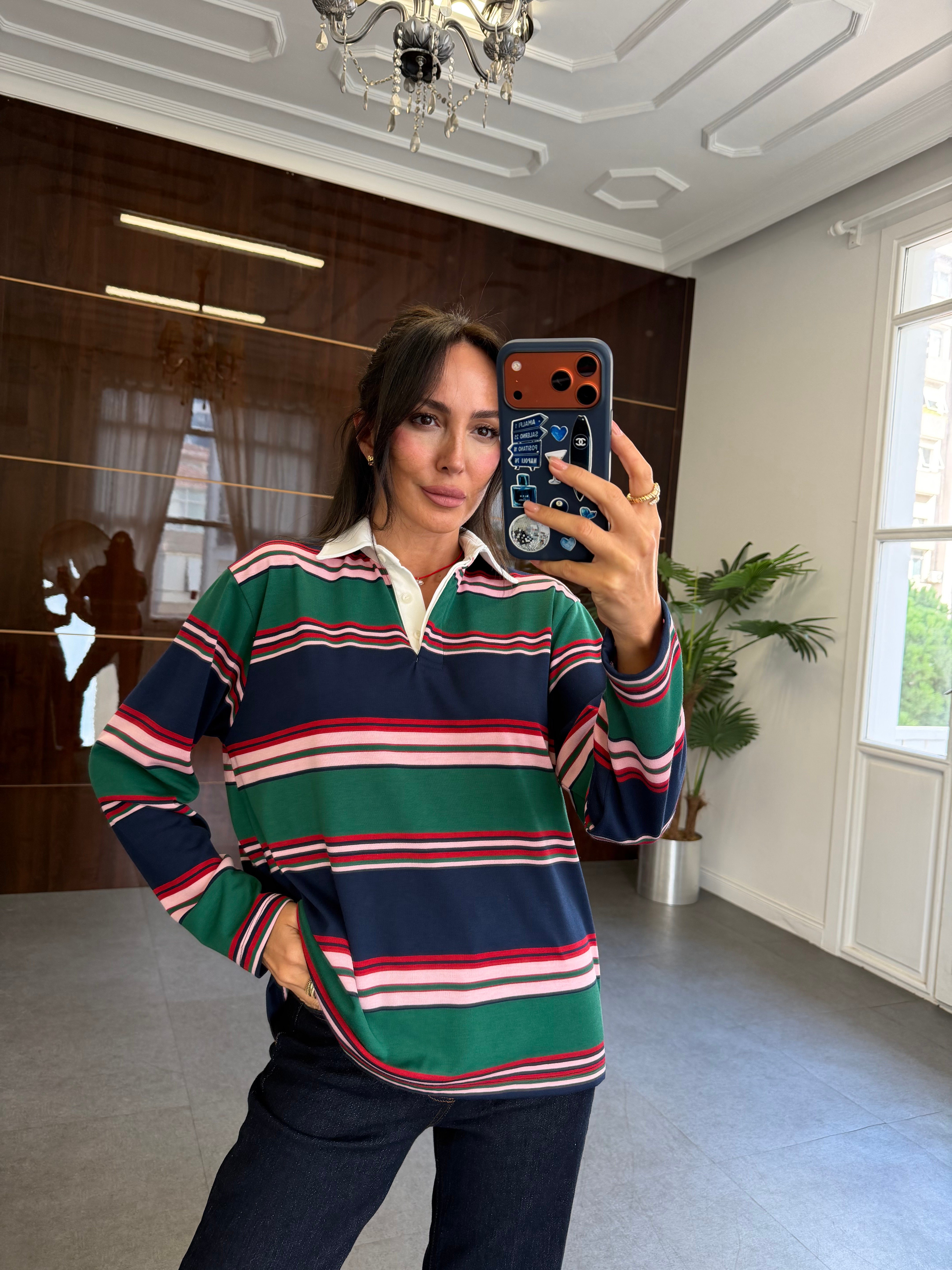 Lacivert-Yeşil Polo Yaka Uzun Kol Sweatshirt