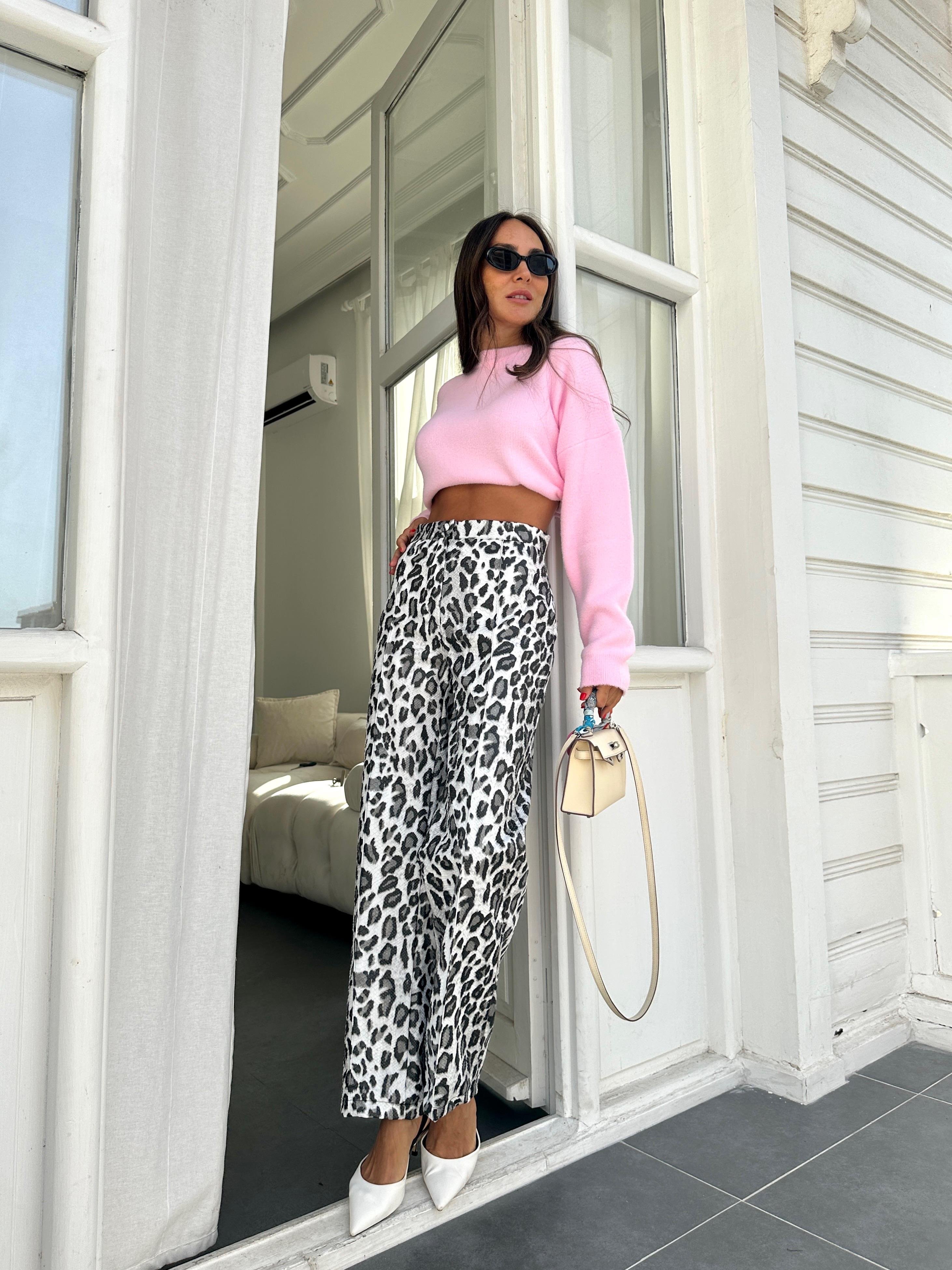 Leopar Desen Deri Pantolon