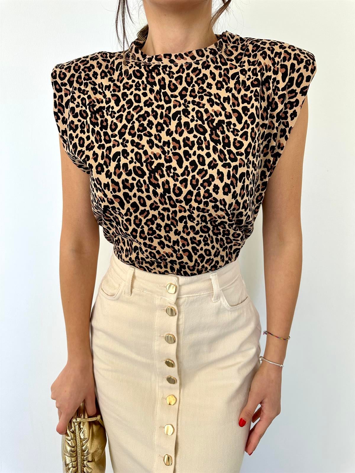 Leopar Desen Tişört Bej