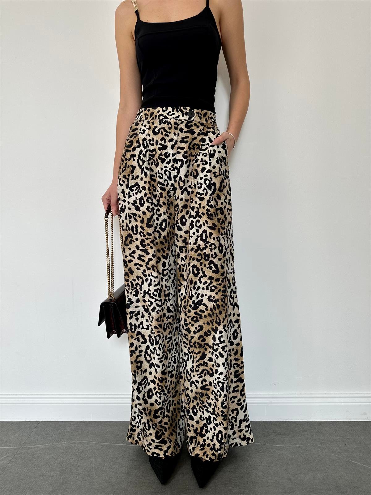 Leopar Desenli Palazzo Pantolon Bej