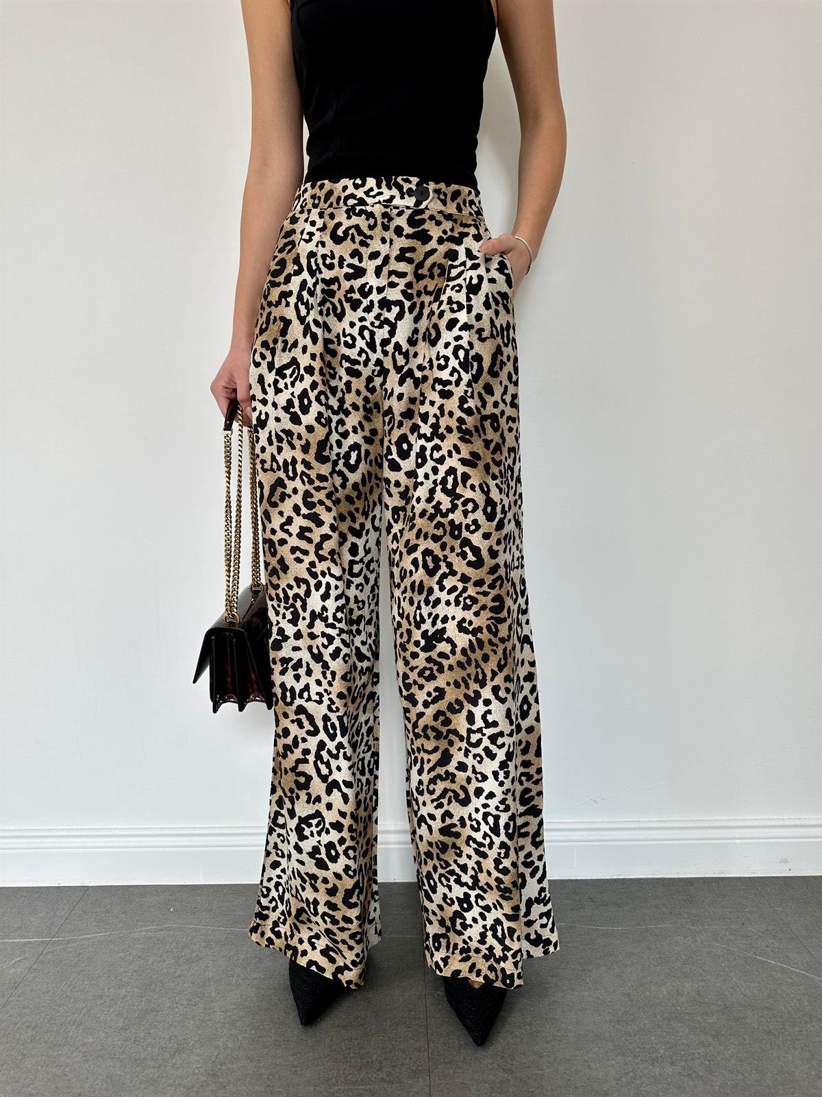 Leopar Desenli Palazzo Pantolon Bej