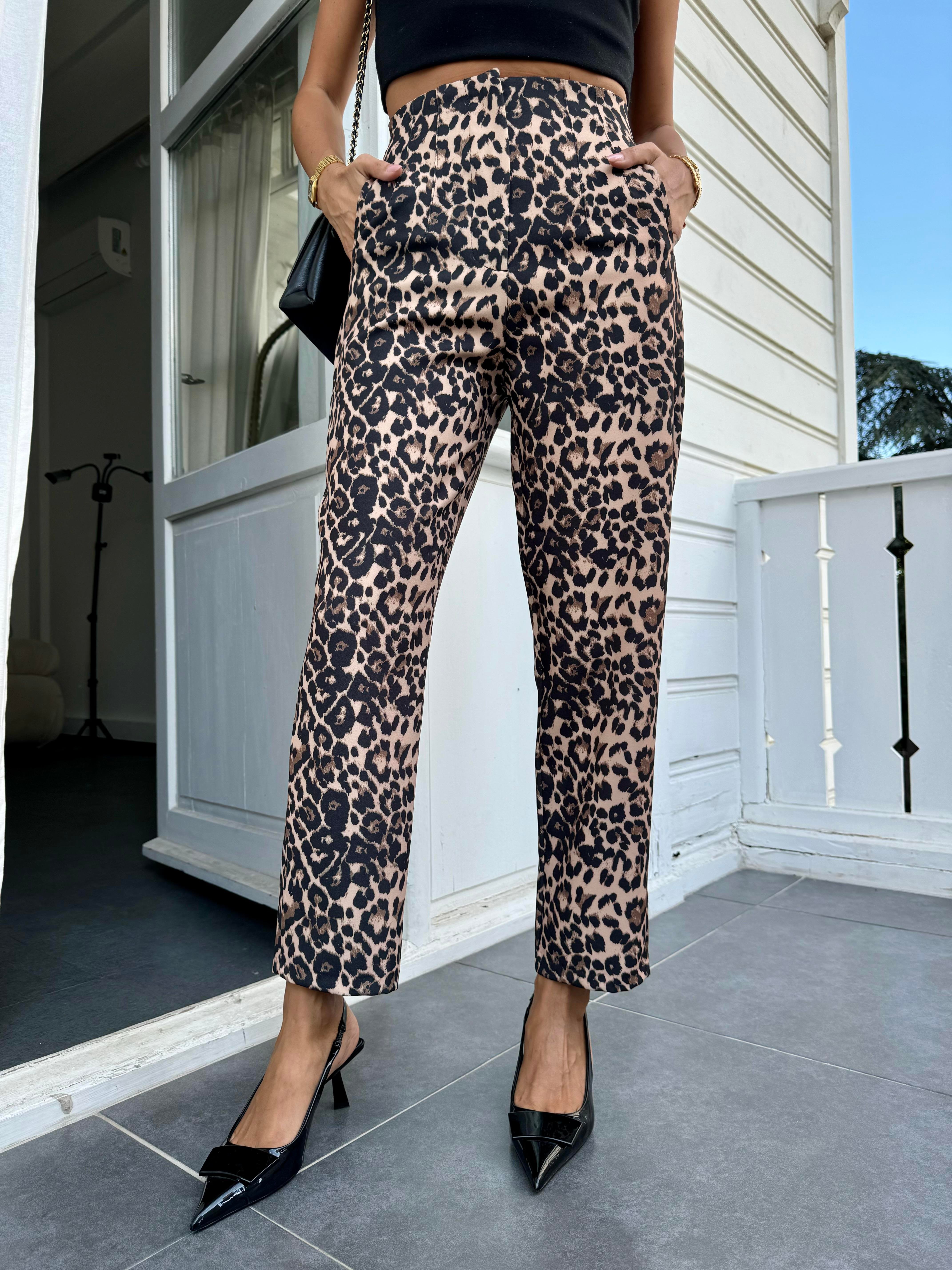 Leopar Desenli Pileli Pantolon