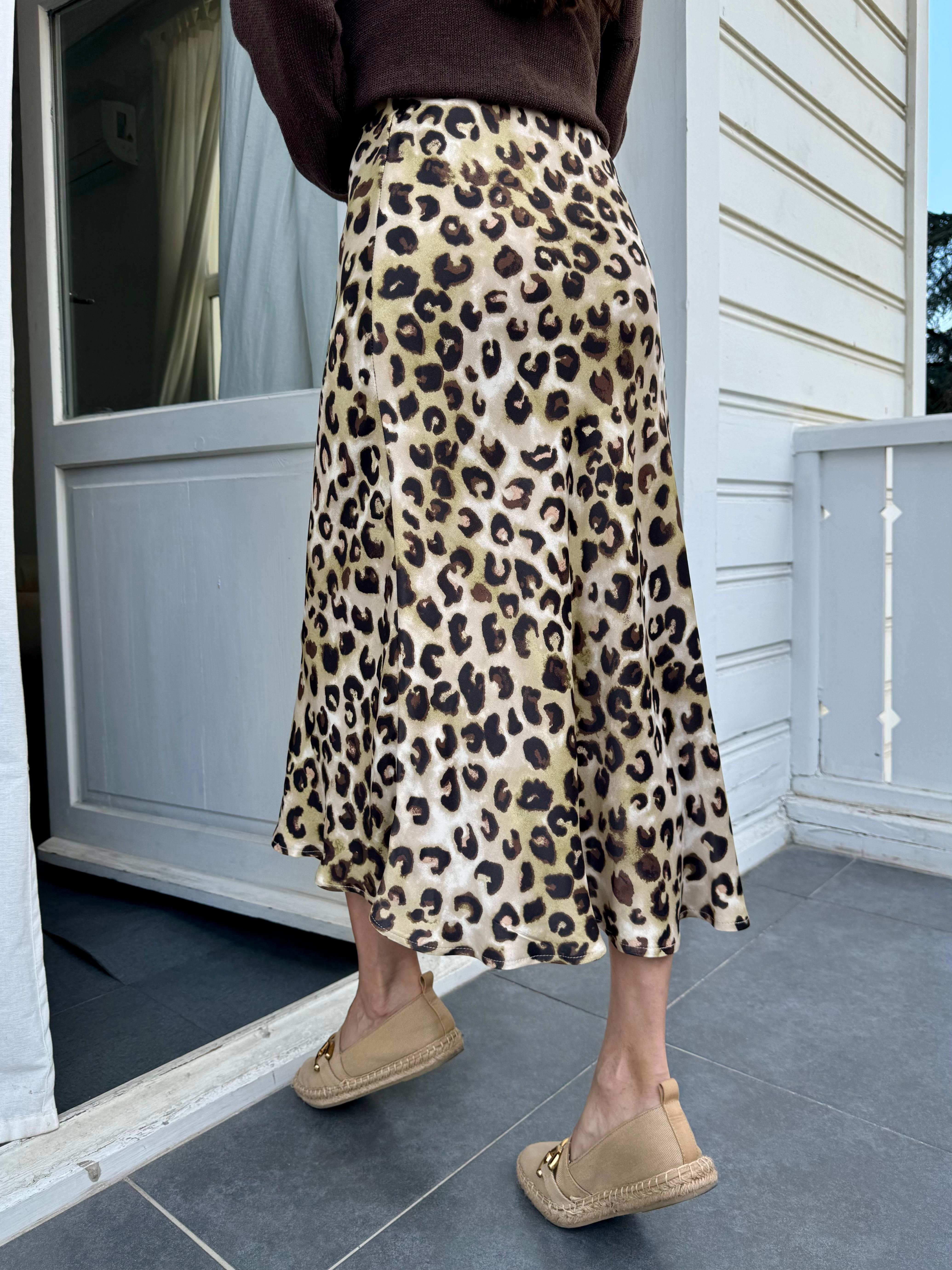 Leopar Saten Midi Etek