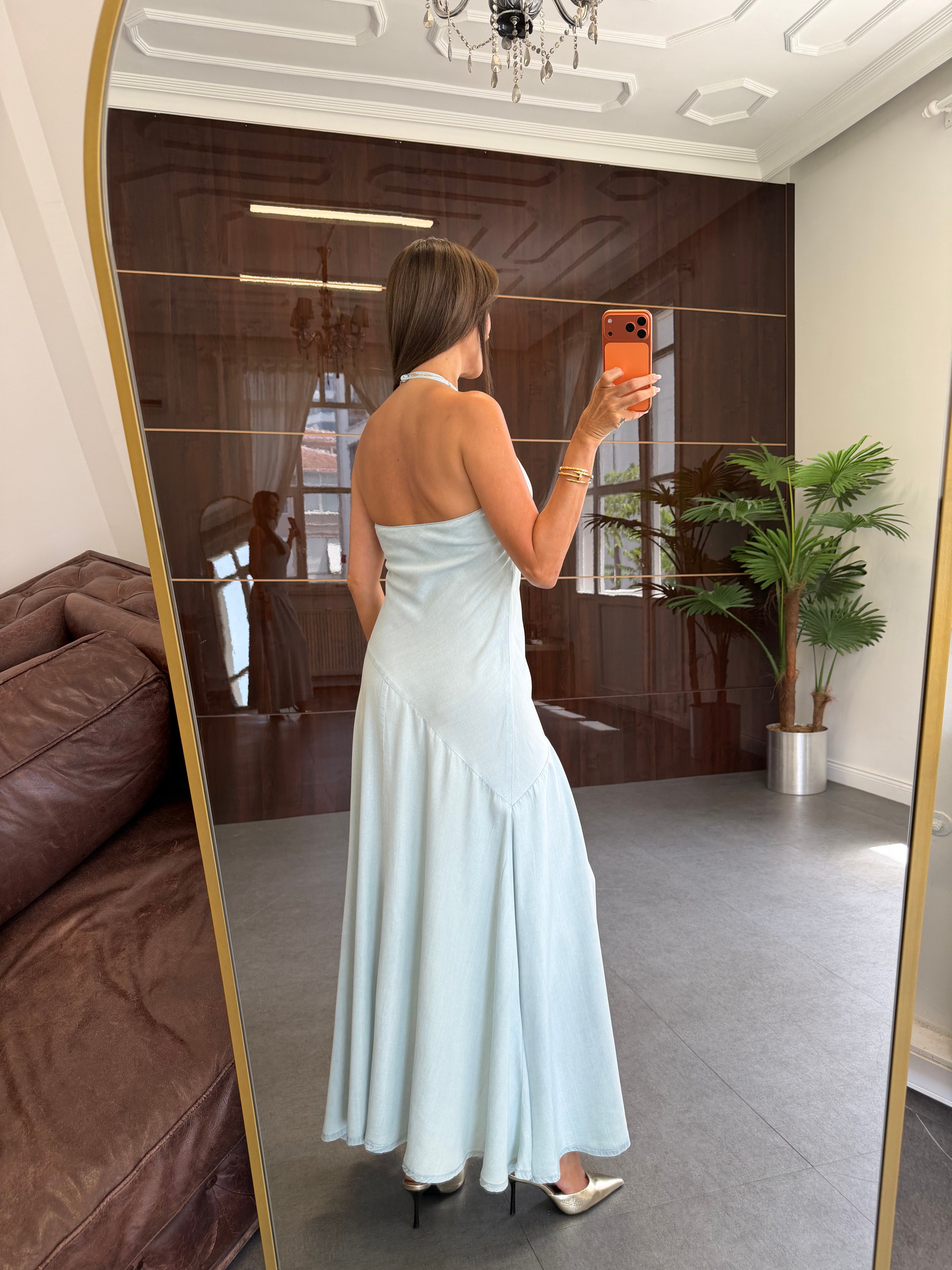 Mavi Çıtçıtlı Tencel Elbise