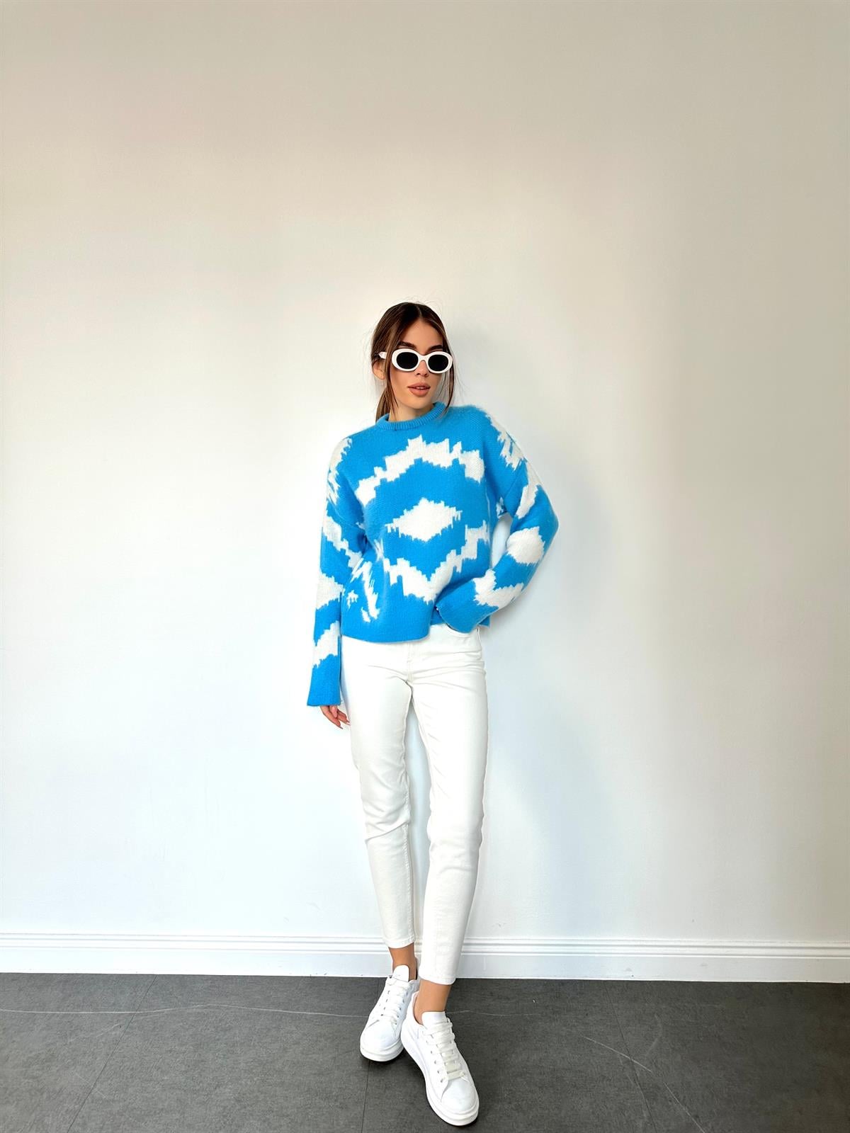 Mavi  Desenli Kırçıllı Kazak