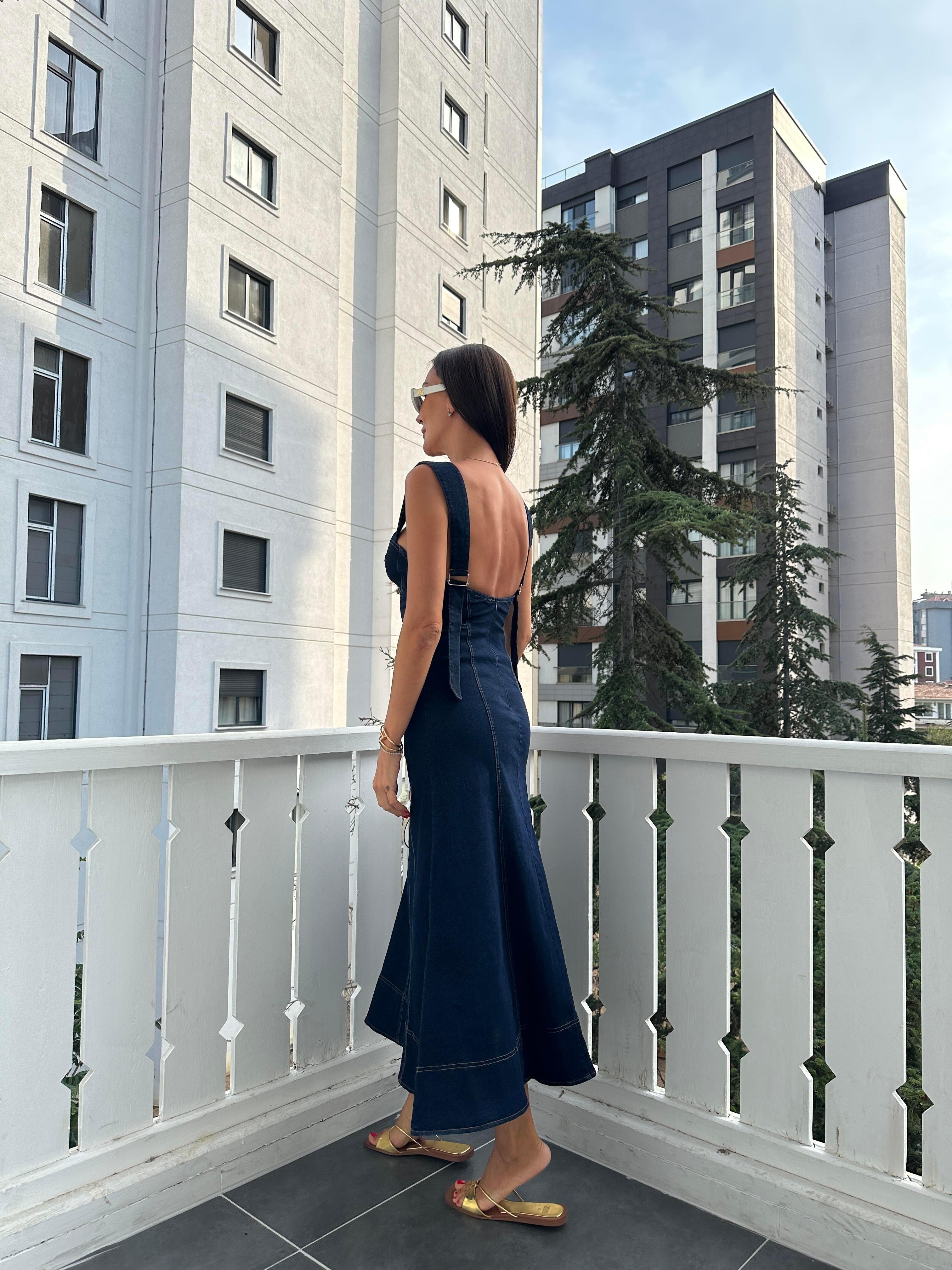 Mavi Kalın Askılı Jean Elbise