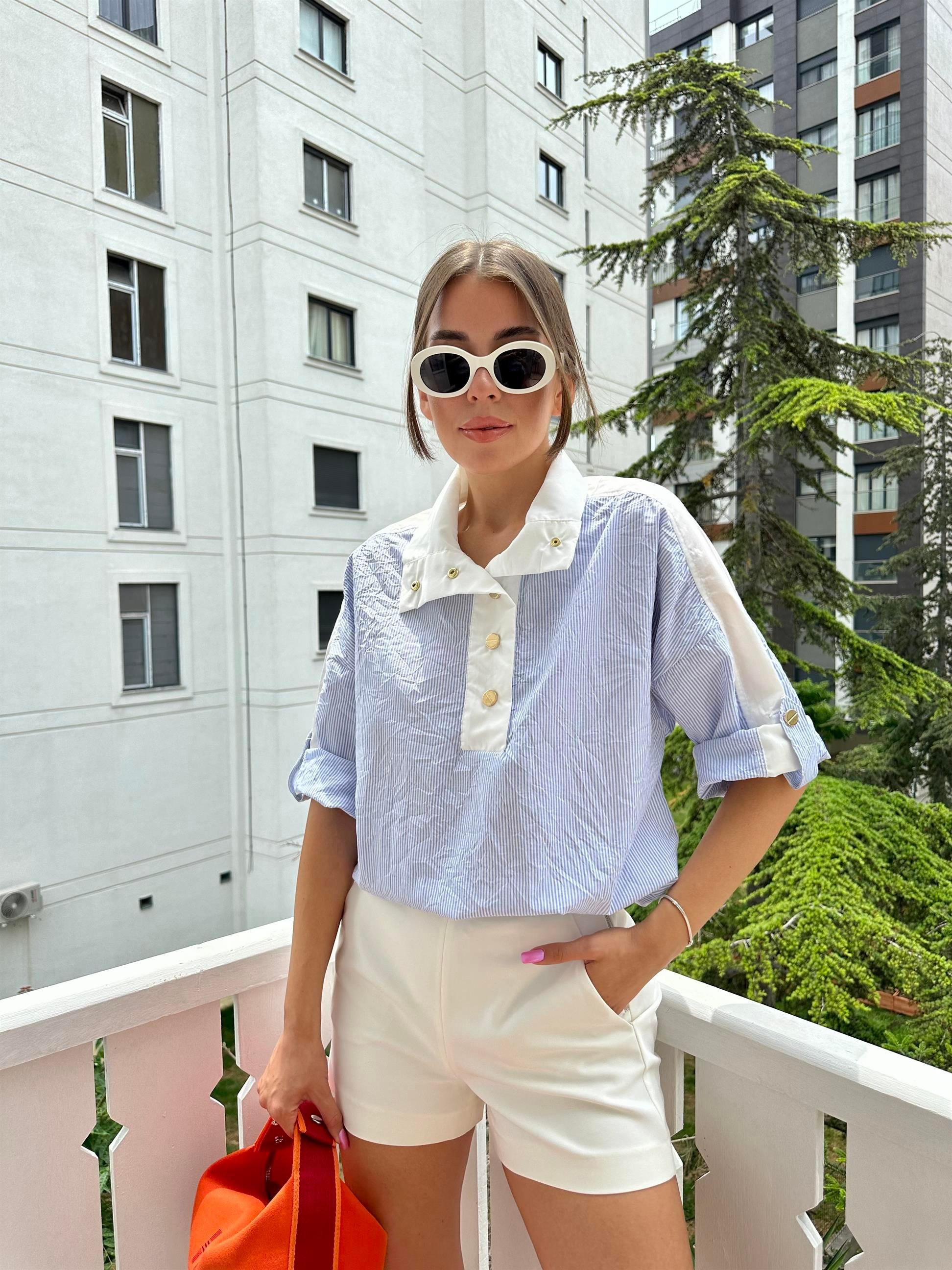 Mavi  Keten Kırışık Sweat