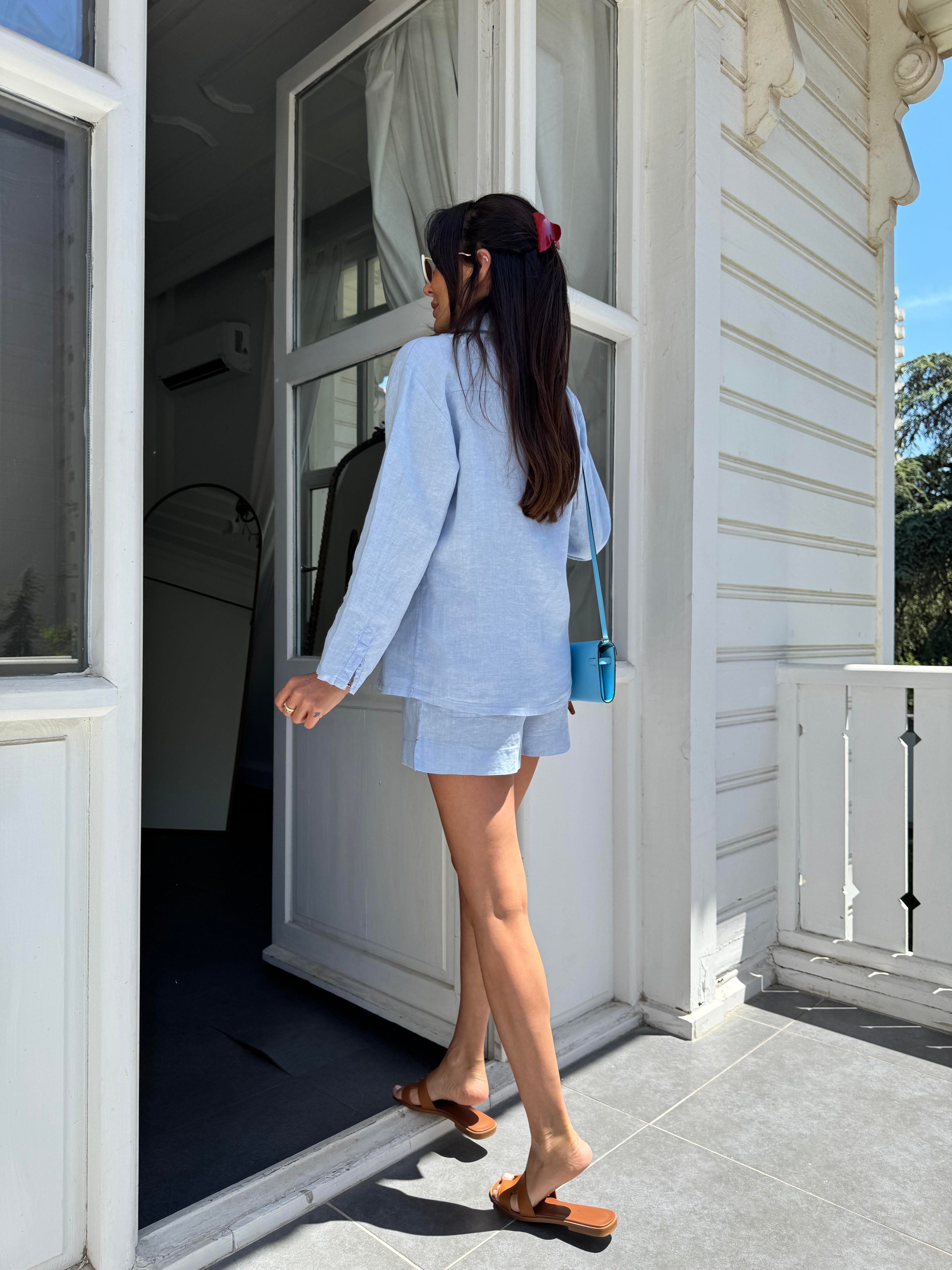 Mavi Keten Şortlu Takım