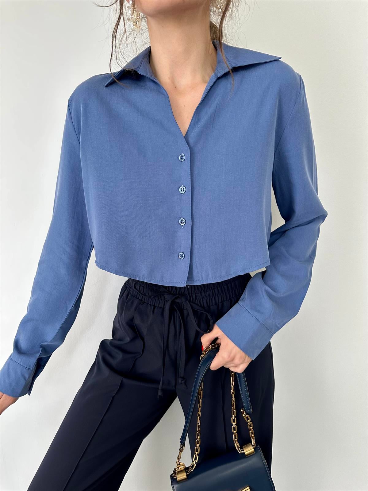 Mavi  Önü Düğmeli Kısa Gömlek