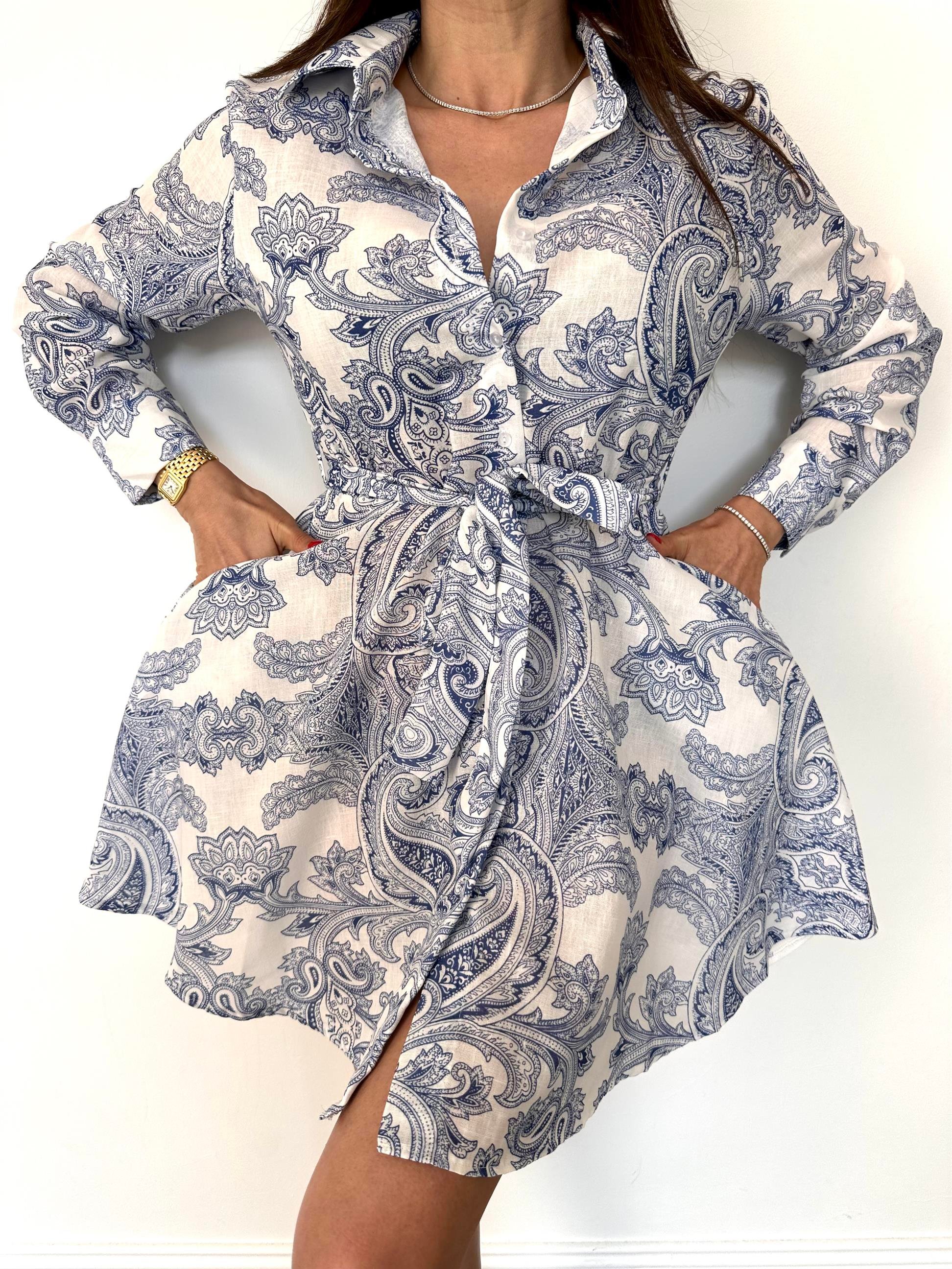 Mavi  Şal Desen Volanlı Gömlek Yaka Elbise