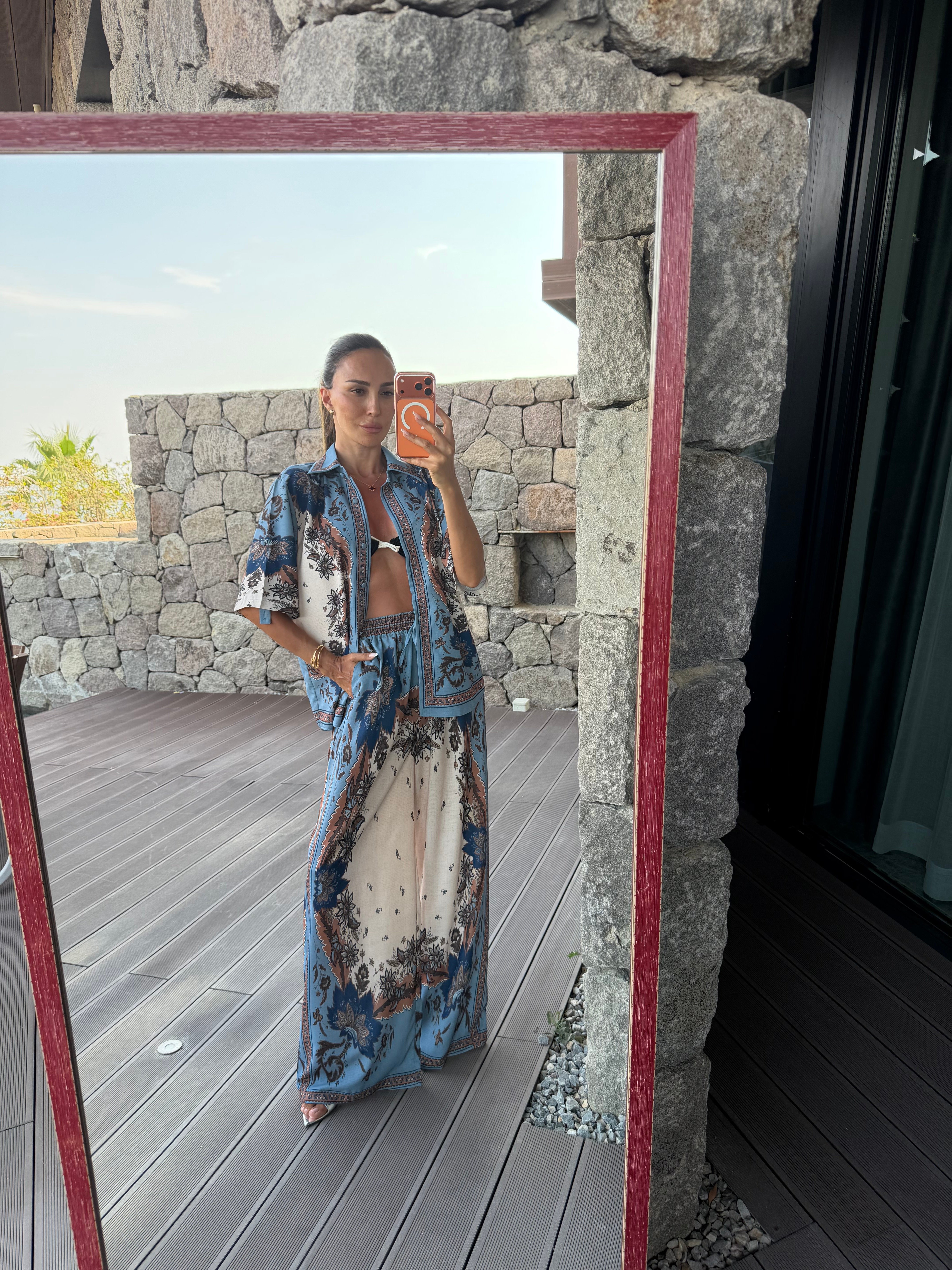 Mavi Saten Kısa Kol Pantolonlu Gömlek Takım