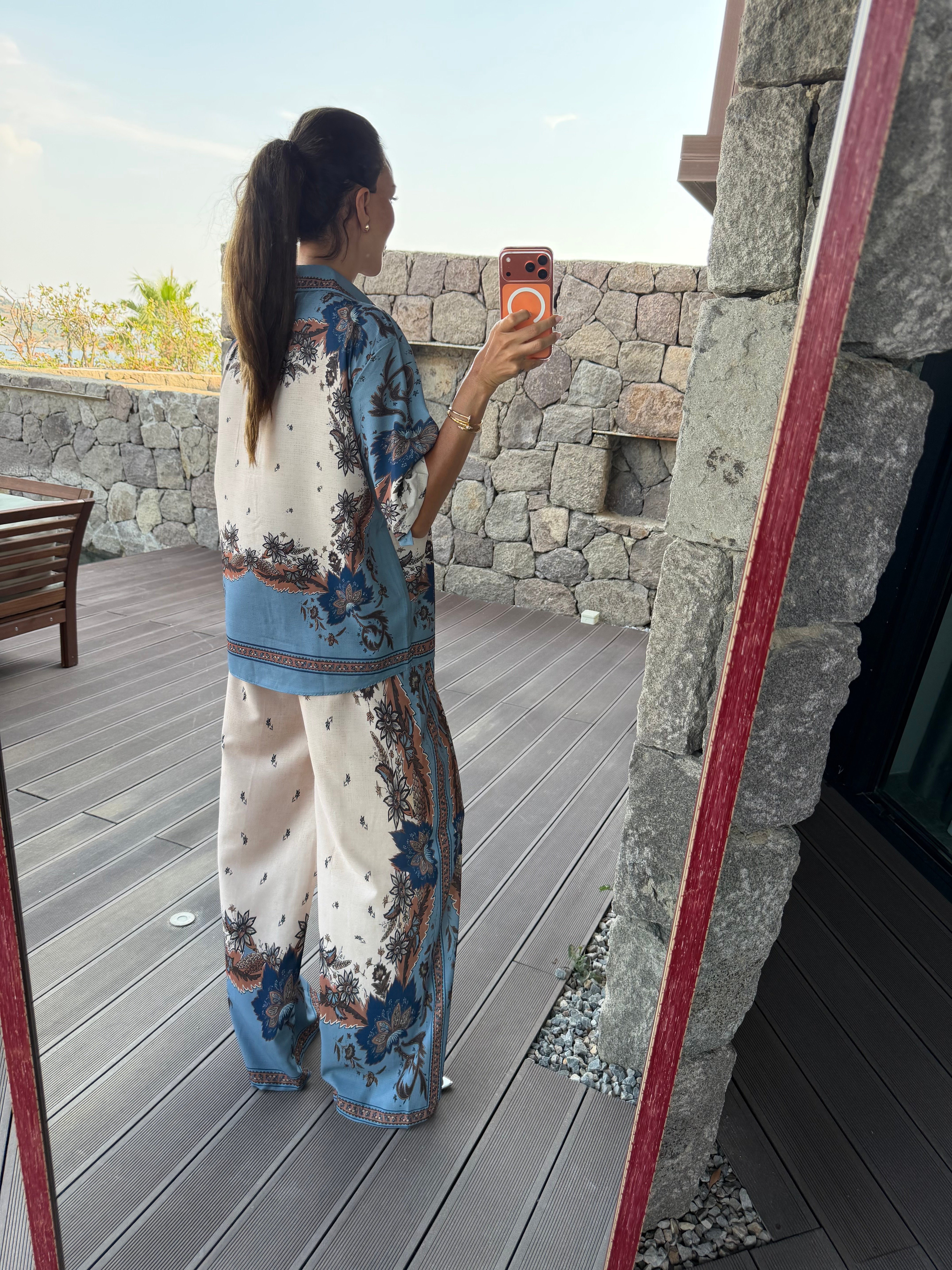 Mavi Saten Kısa Kol Pantolonlu Gömlek Takım