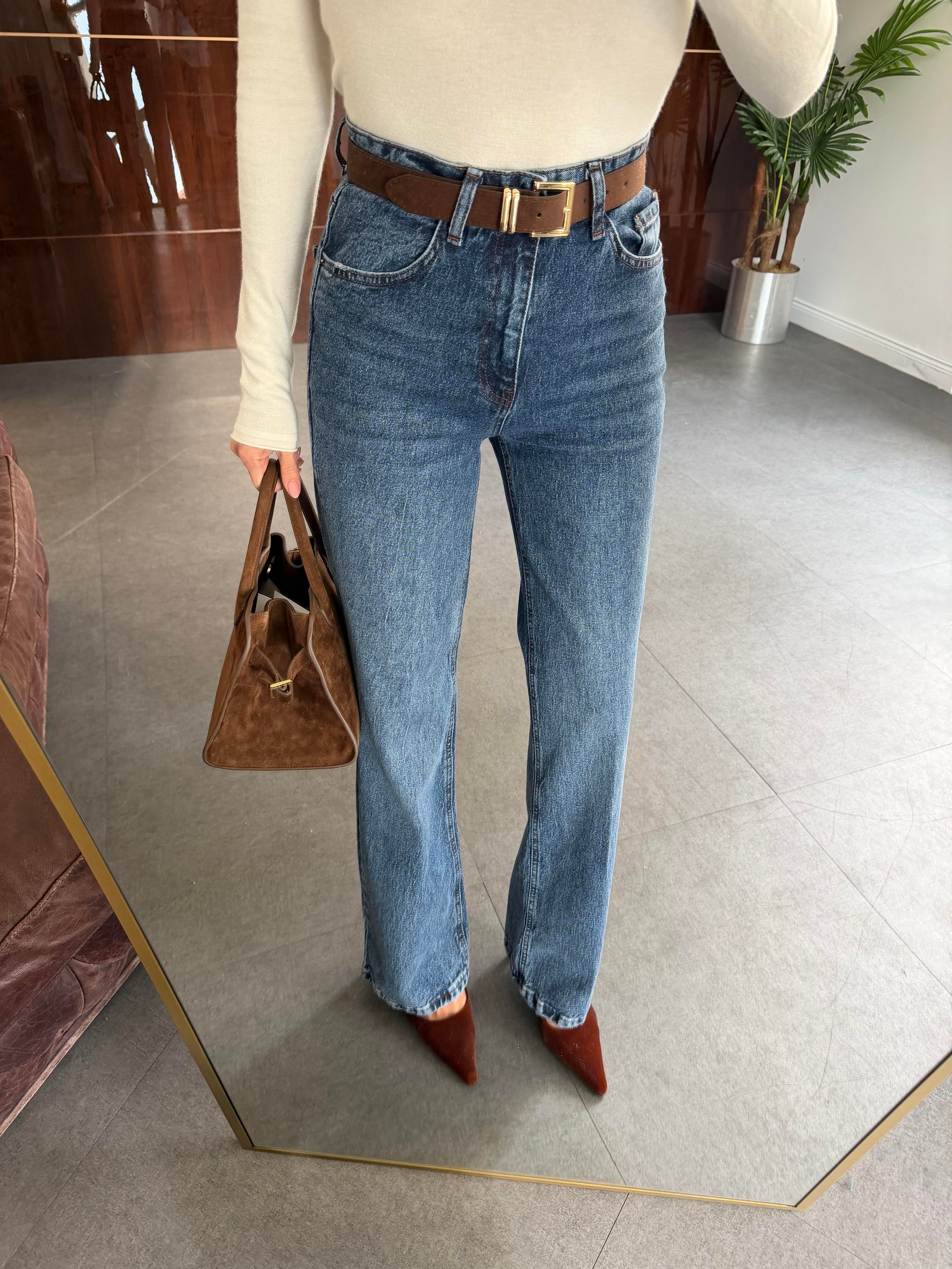 Mavi Süet Kemerli Wide-Leg Jean Pantolon