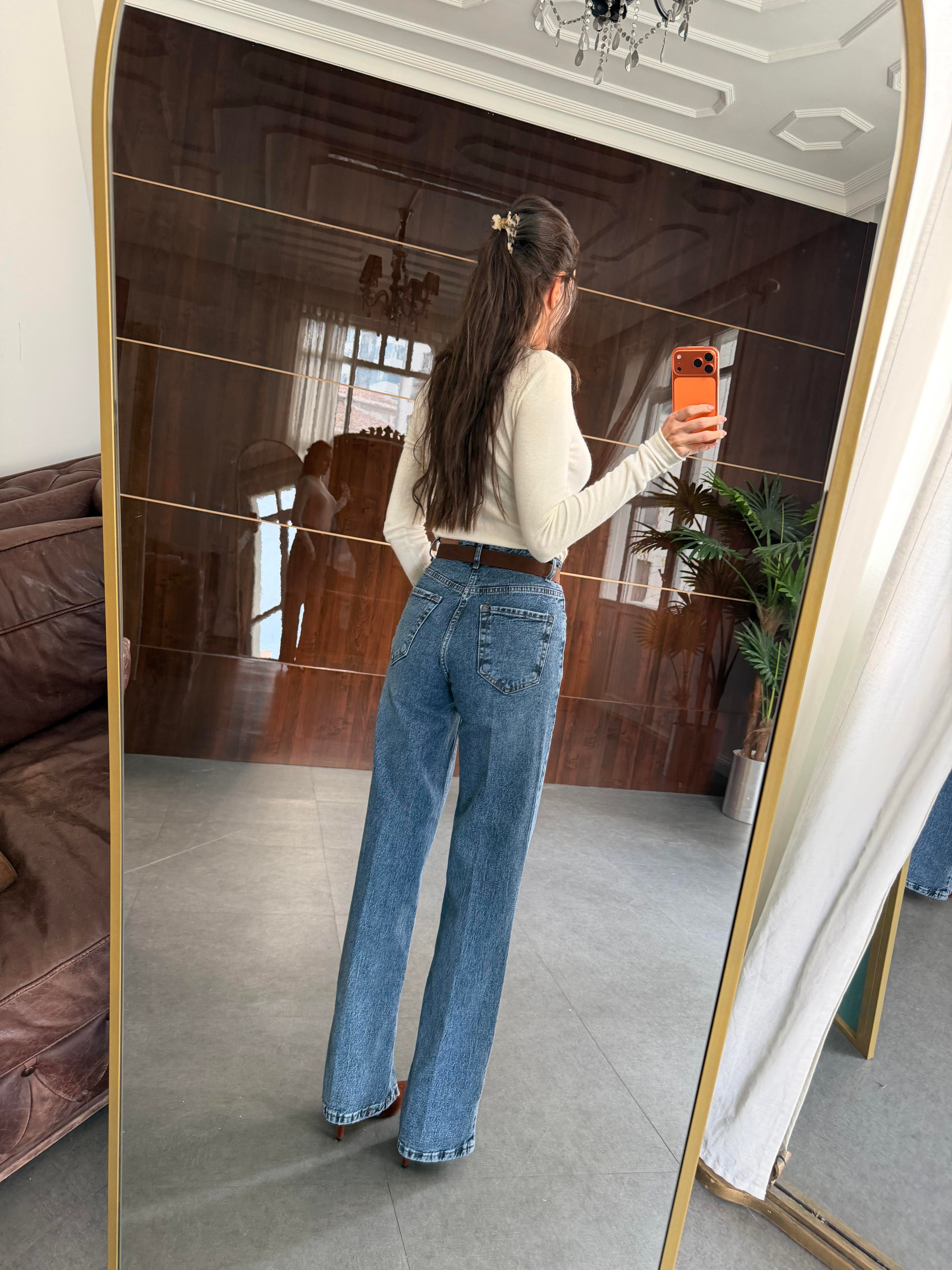 Mavi Süet Kemerli Wide-Leg Jean Pantolon