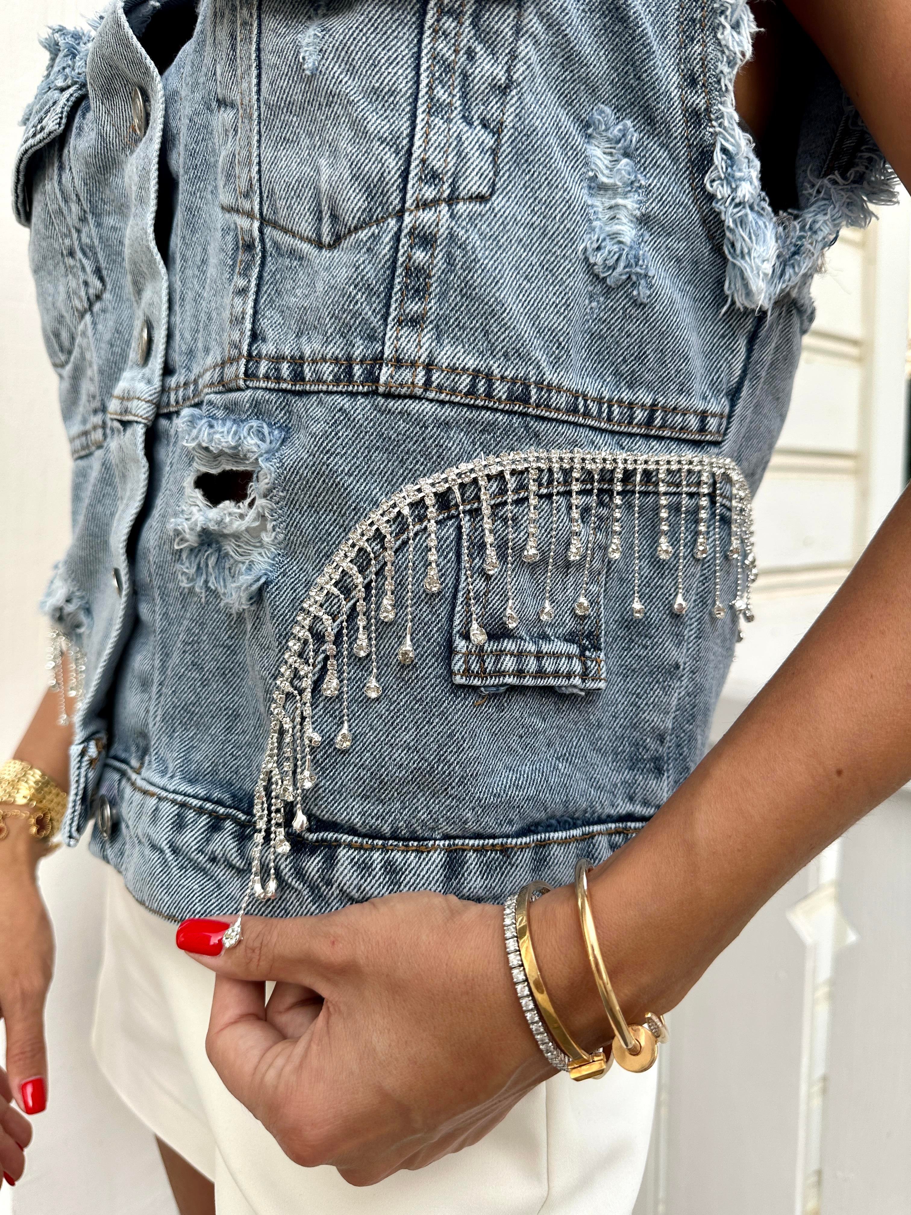 Mavi Taşlı Kot Yelek