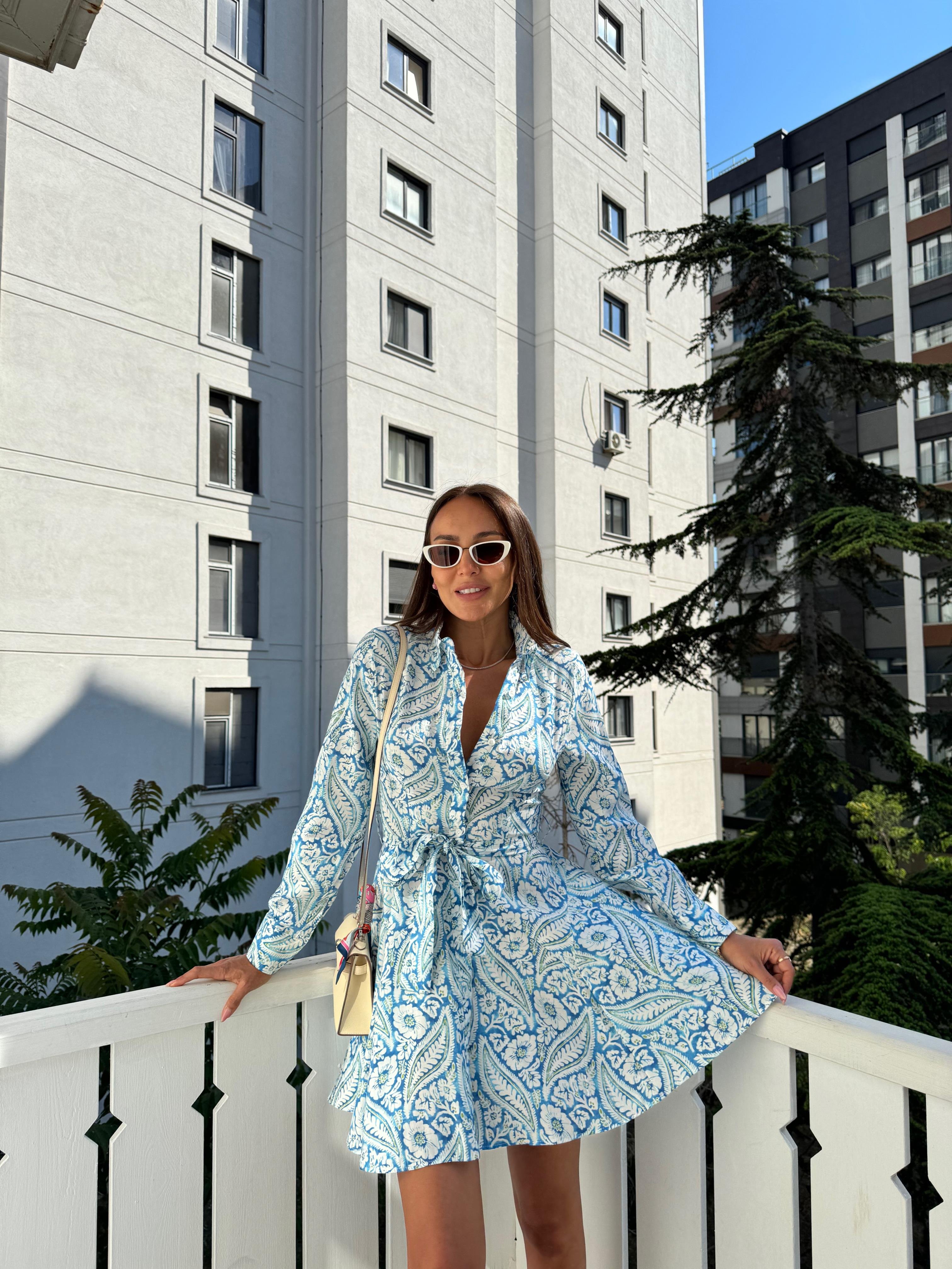 Mavi Volanlı Gömlek Elbise