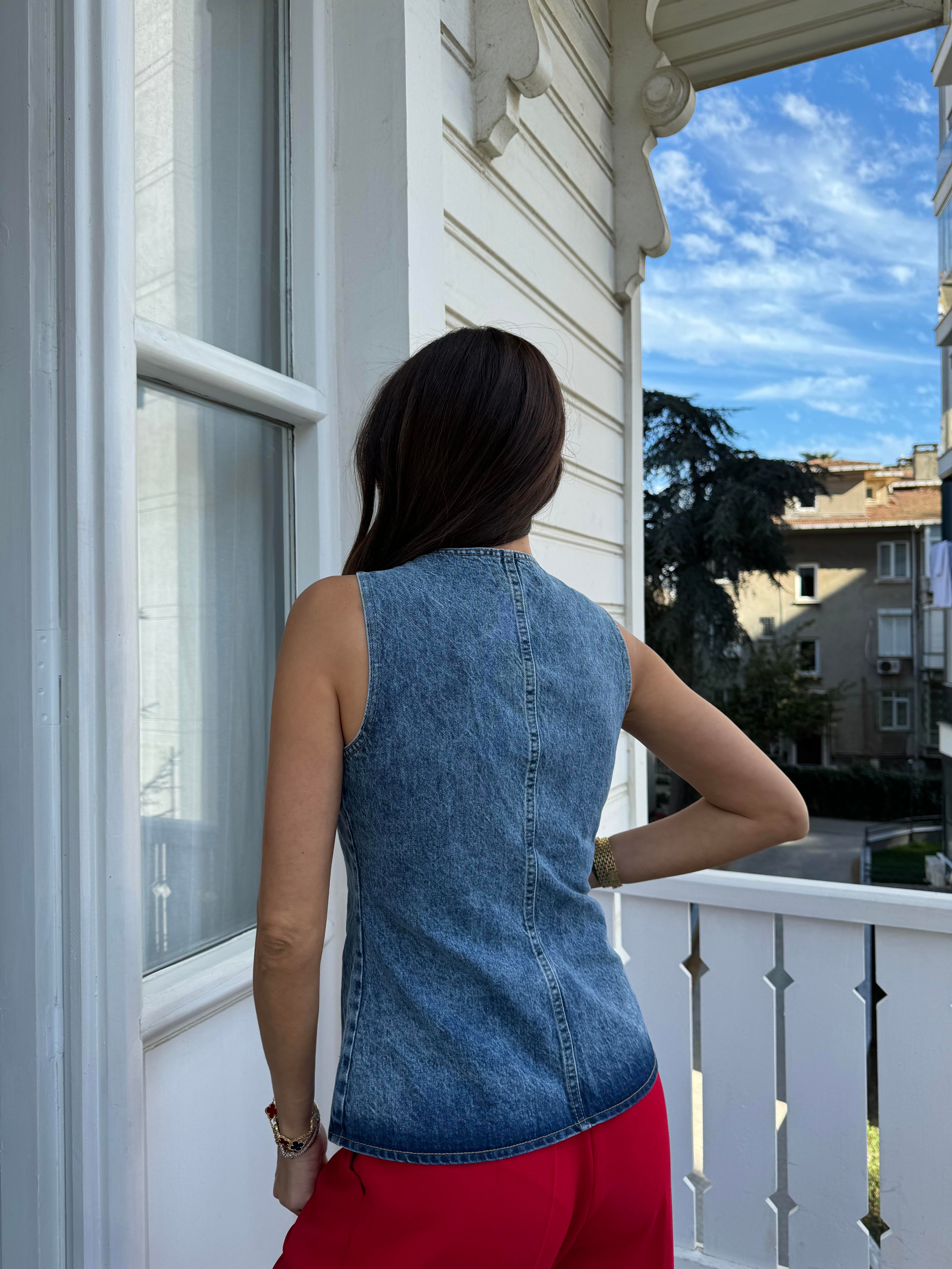 Mavi Yıkamalı Kot Yelek