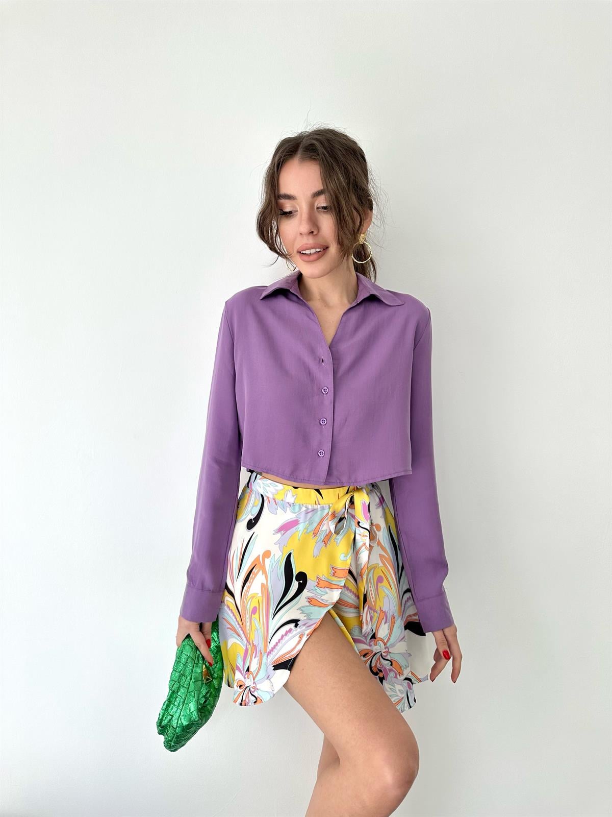 Mor  Önü Düğmeli Kısa Gömlek