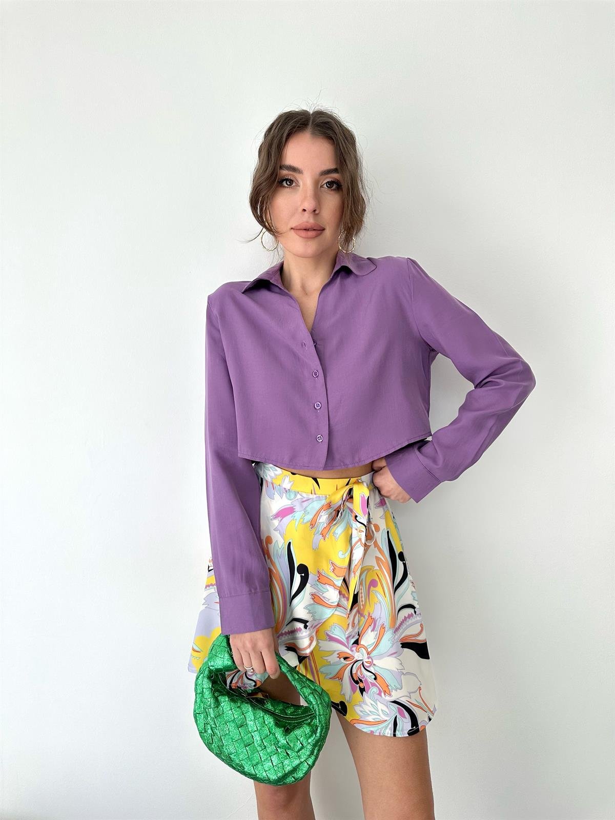 Mor  Önü Düğmeli Kısa Gömlek