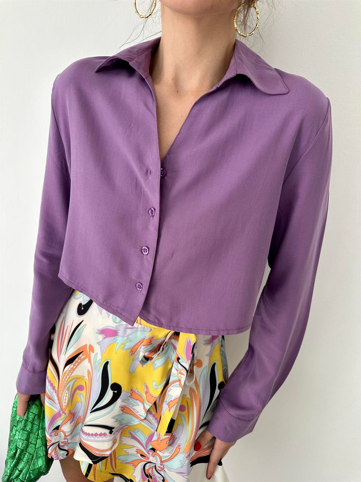 Mor  Önü Düğmeli Kısa Gömlek