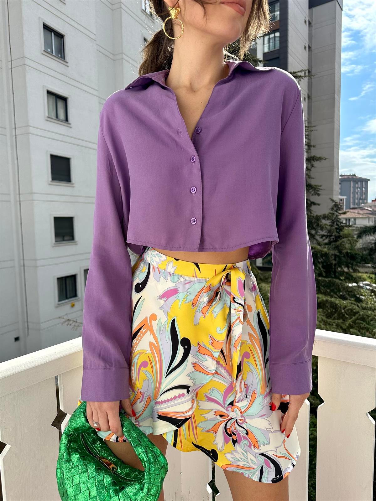 Mor  Önü Düğmeli Kısa Gömlek