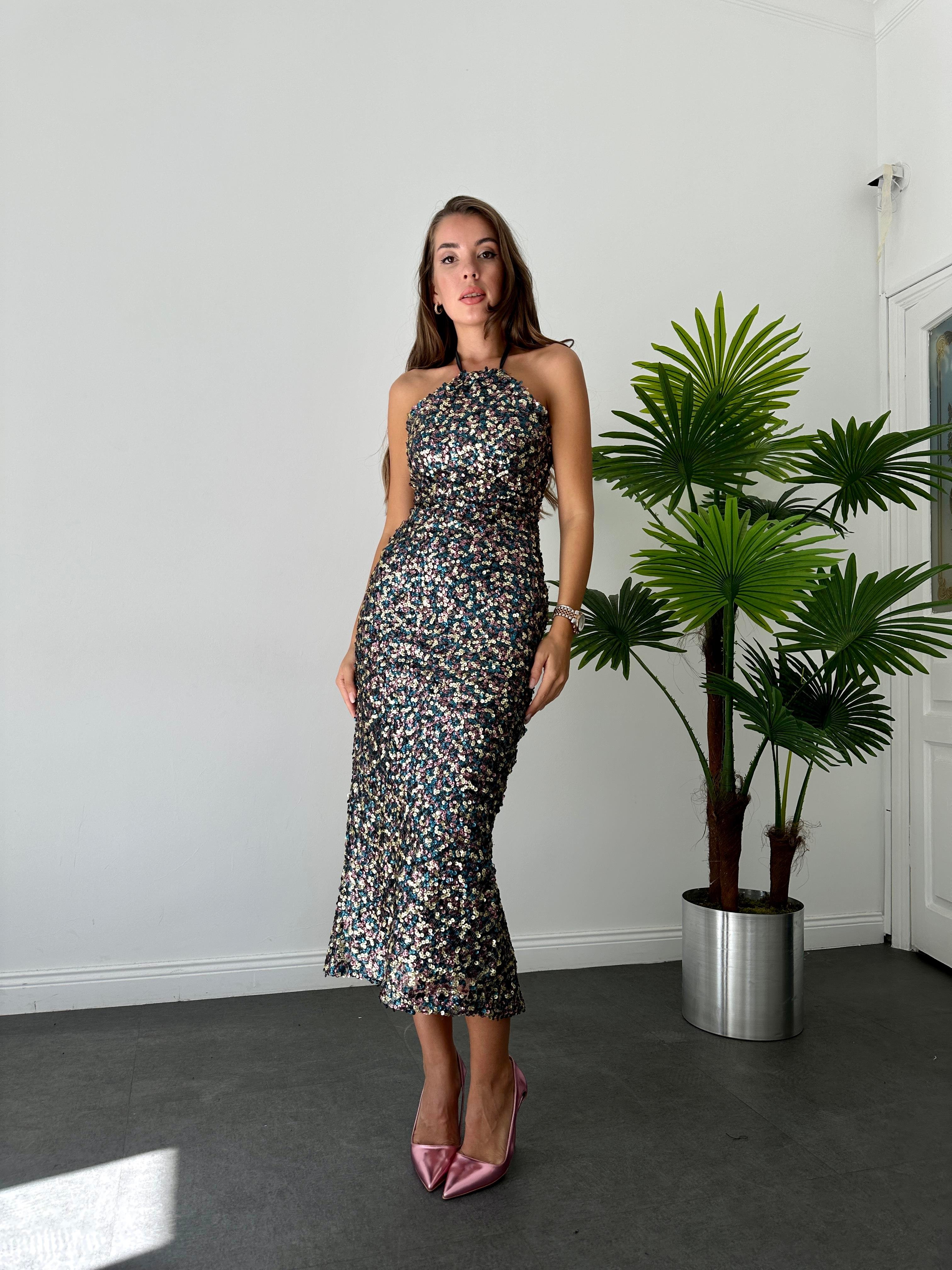 Multi Renk Payetli Boyundan Bağlamalı Elbise