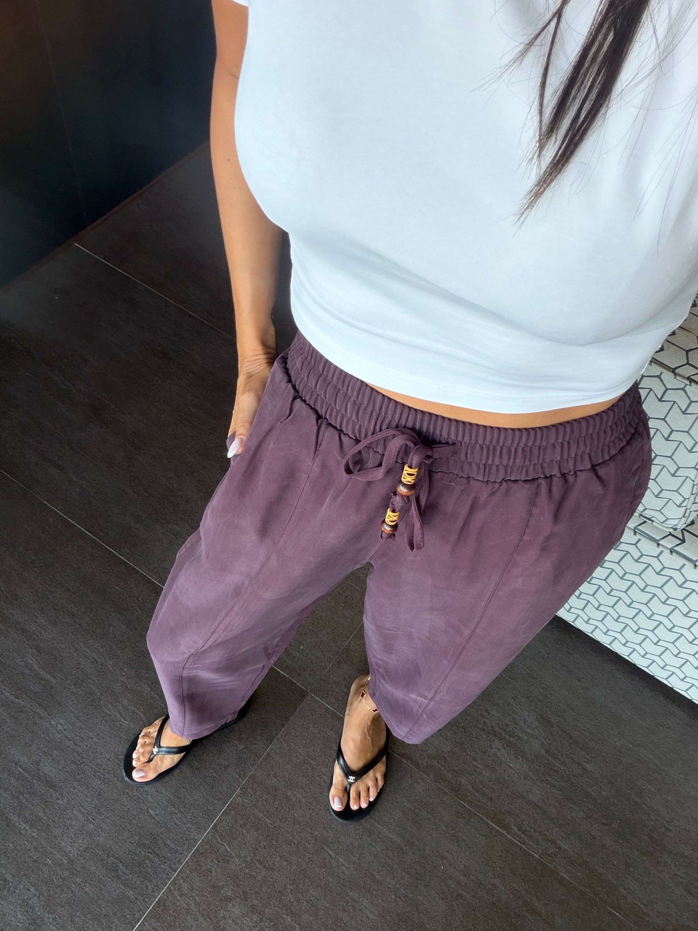 Mürdüm Tencel Bağcıklı Kumaş Pantolon