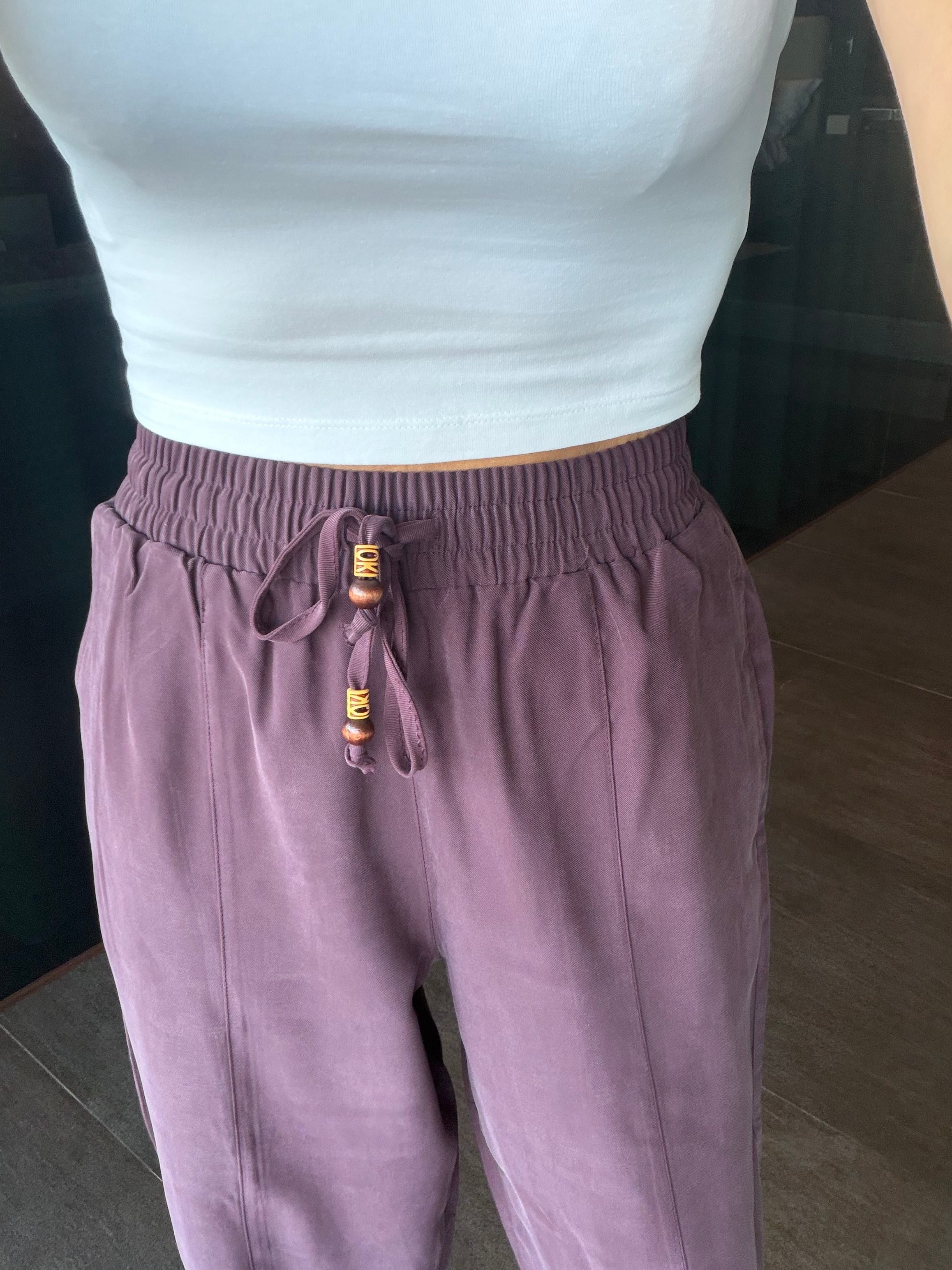 Mürdüm Tencel Bağcıklı Kumaş Pantolon