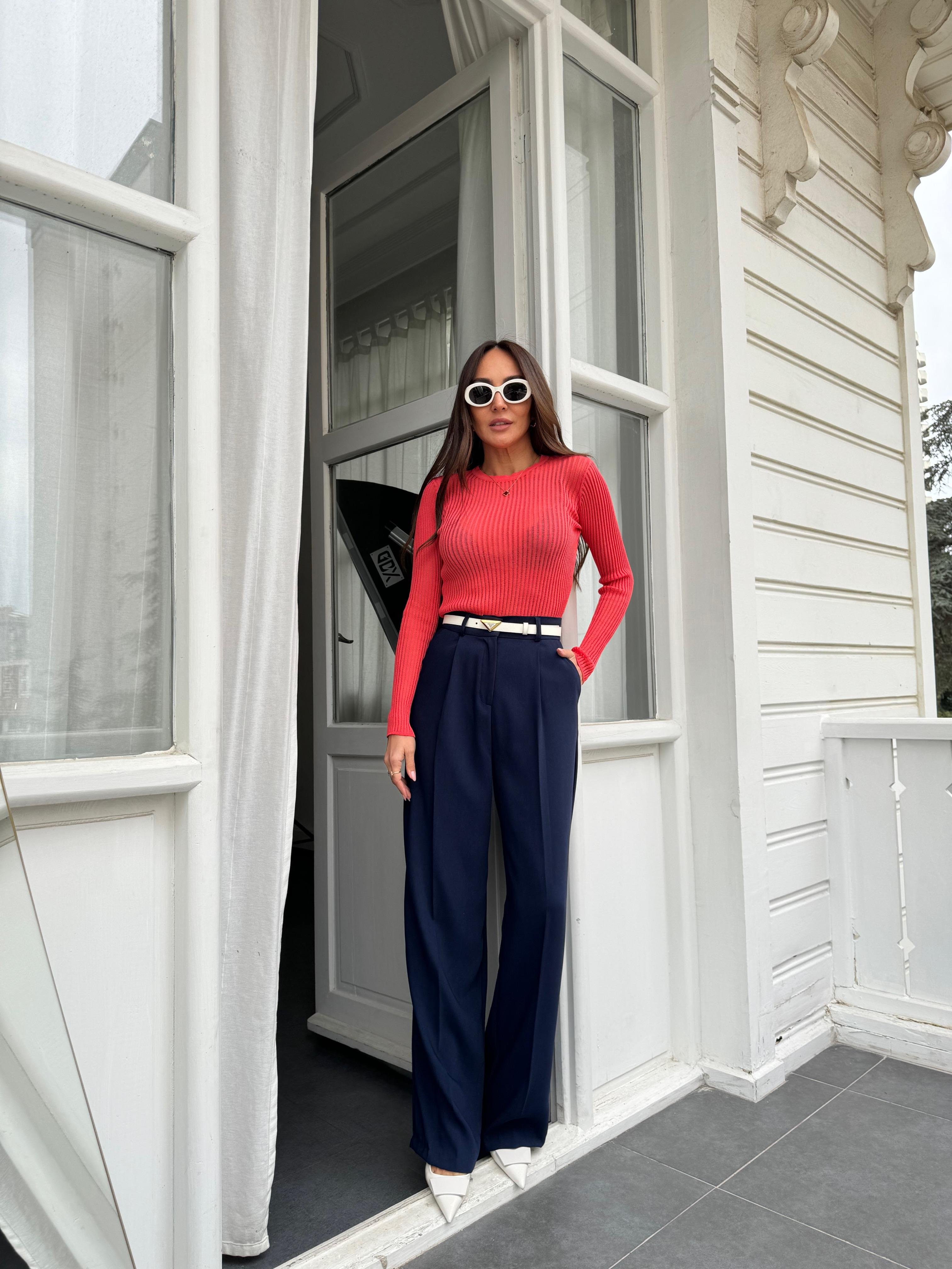 Nar Çiçeği Bisiklet Yaka Transparan Triko