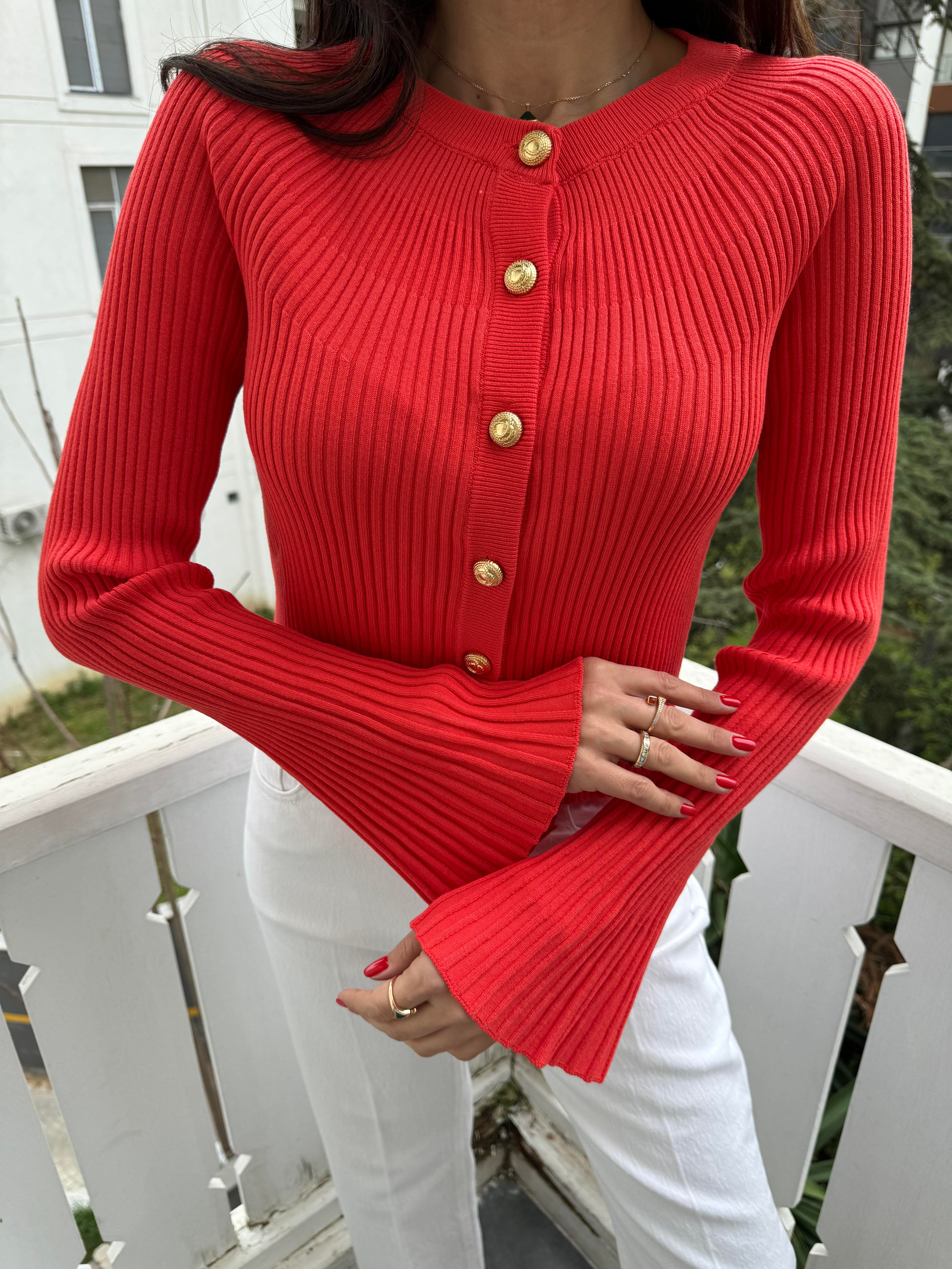 Nar Çiçeği Düğmeli İspanyol Kol Triko Hırka