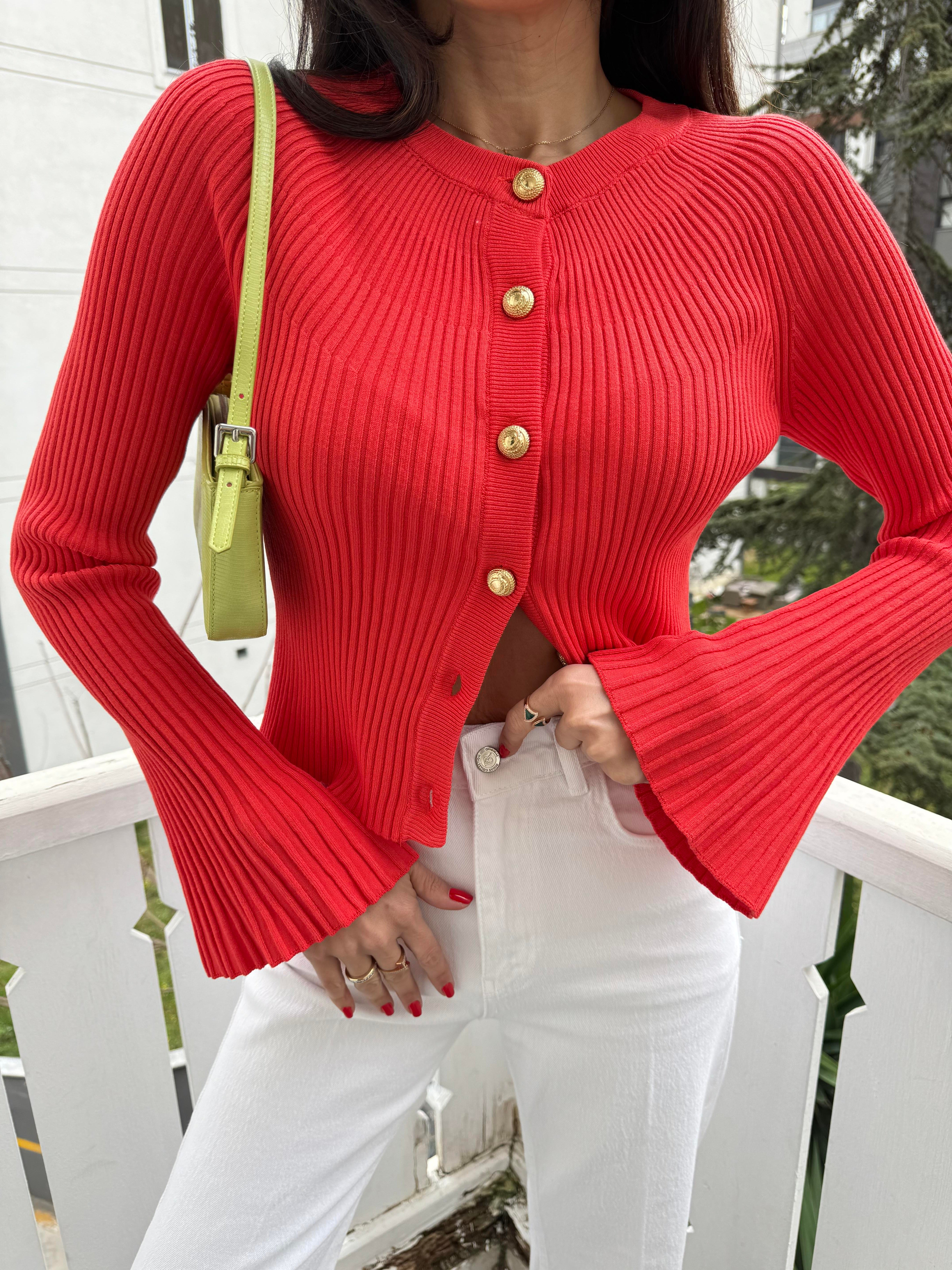 Nar Çiçeği Düğmeli İspanyol Kol Triko Hırka