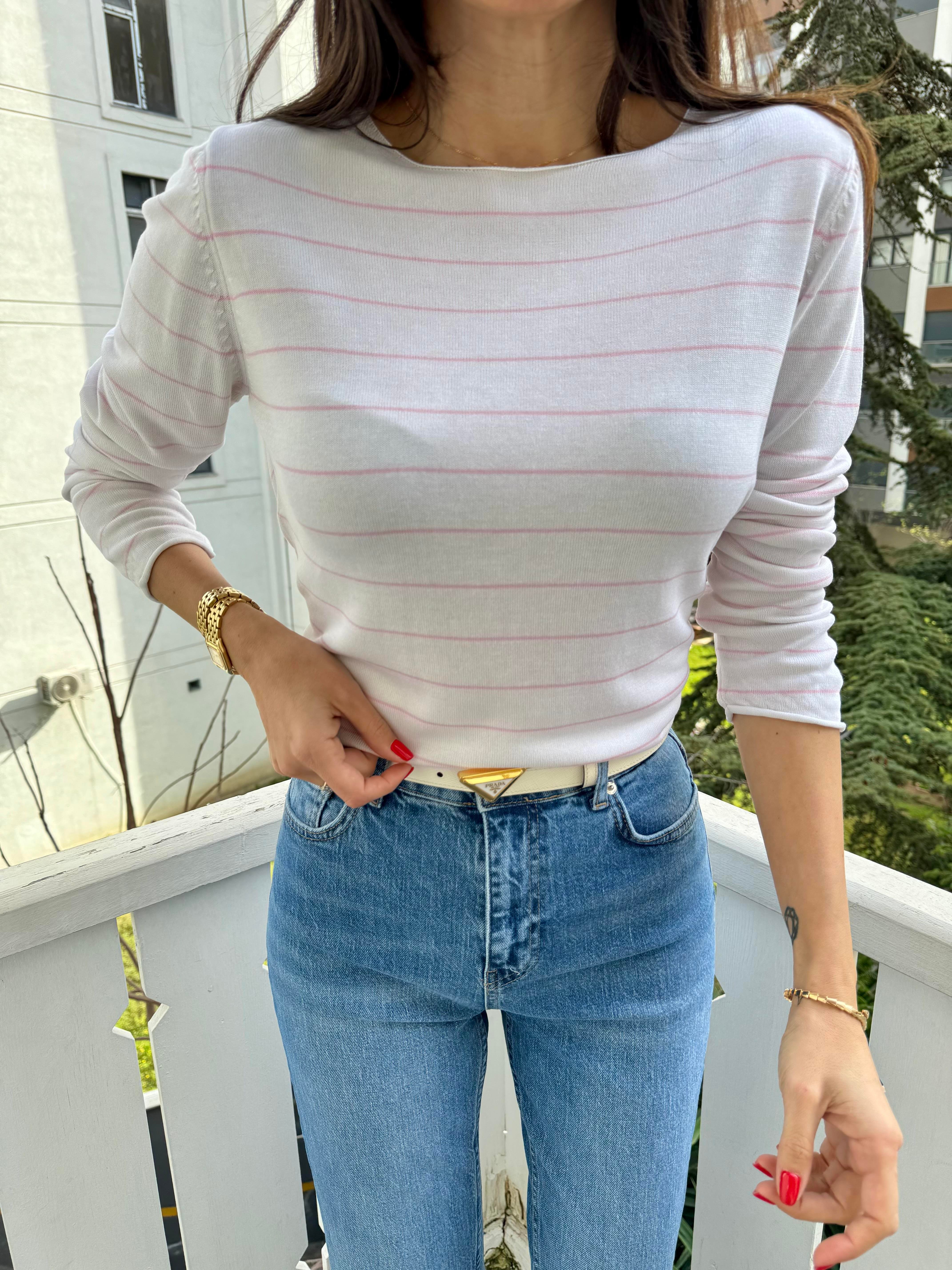 Optik Beyaz-Pembe Çizgili İnce Kazak