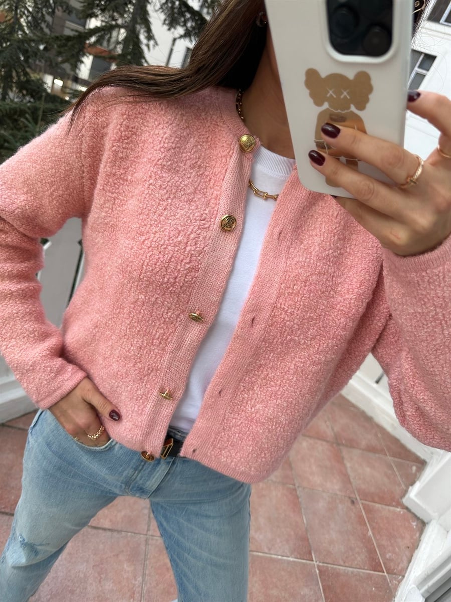 Pembe  Altın Renk Düğmeli Hırka