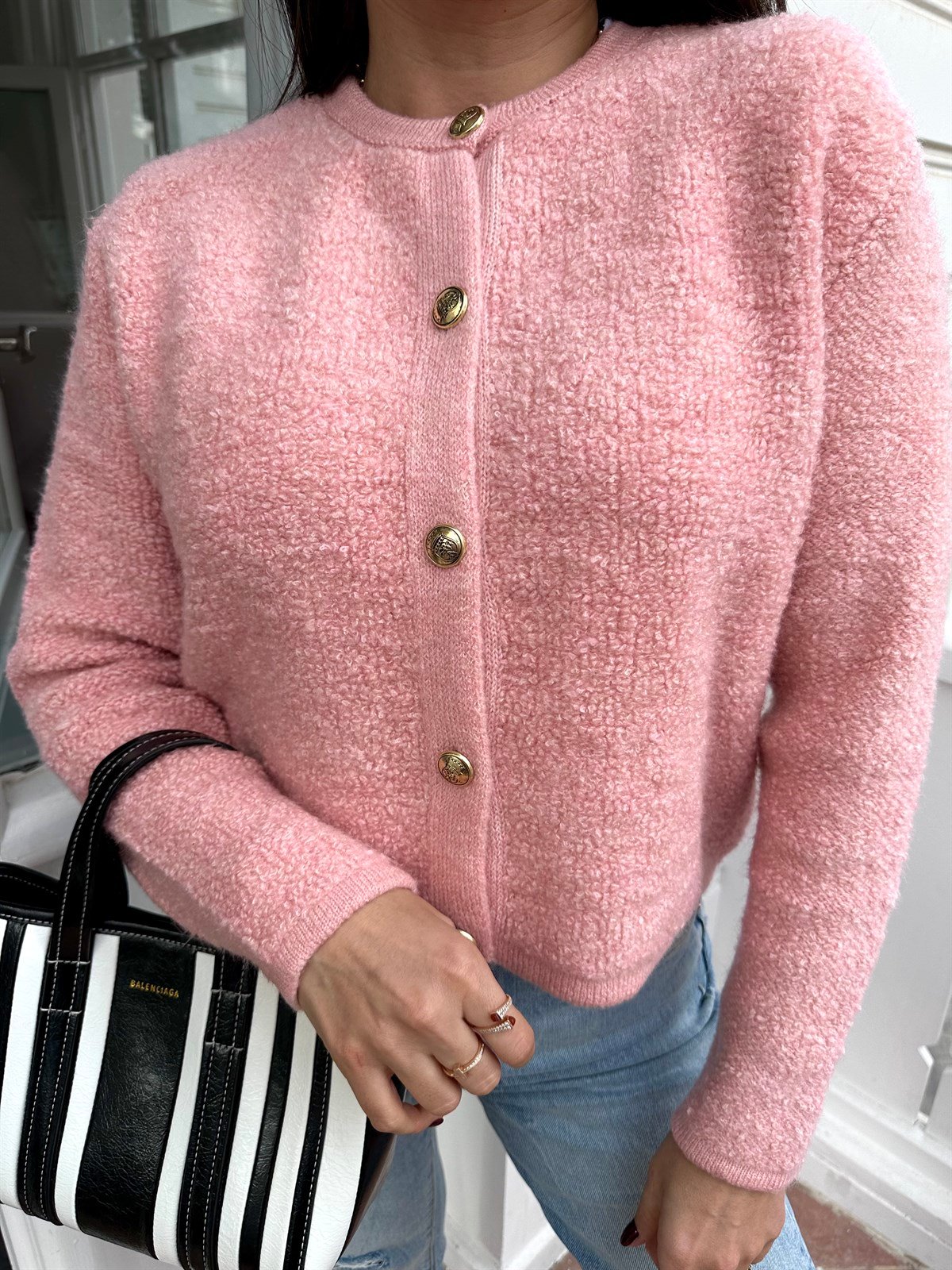 Pembe  Altın Renk Düğmeli Hırka