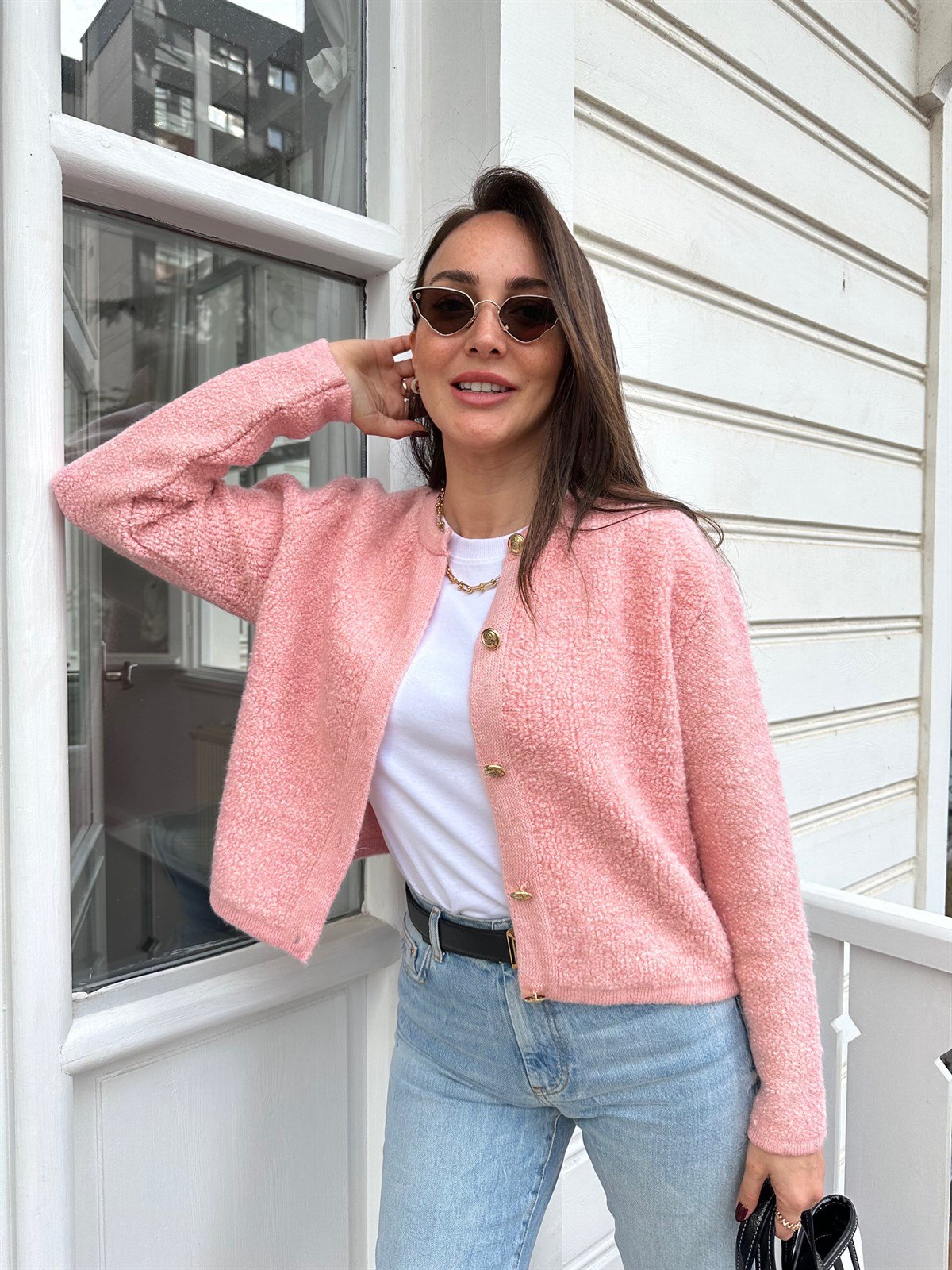 Pembe  Altın Renk Düğmeli Hırka