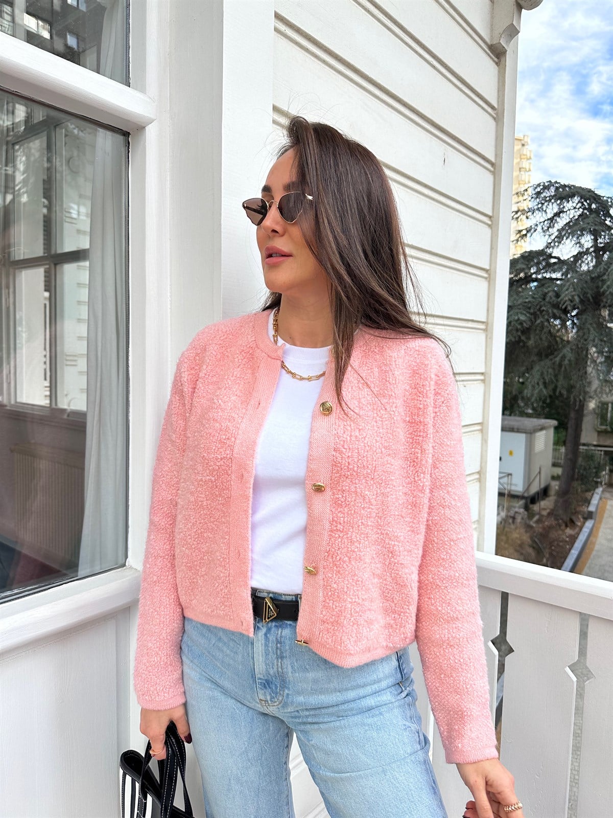 Pembe  Altın Renk Düğmeli Hırka