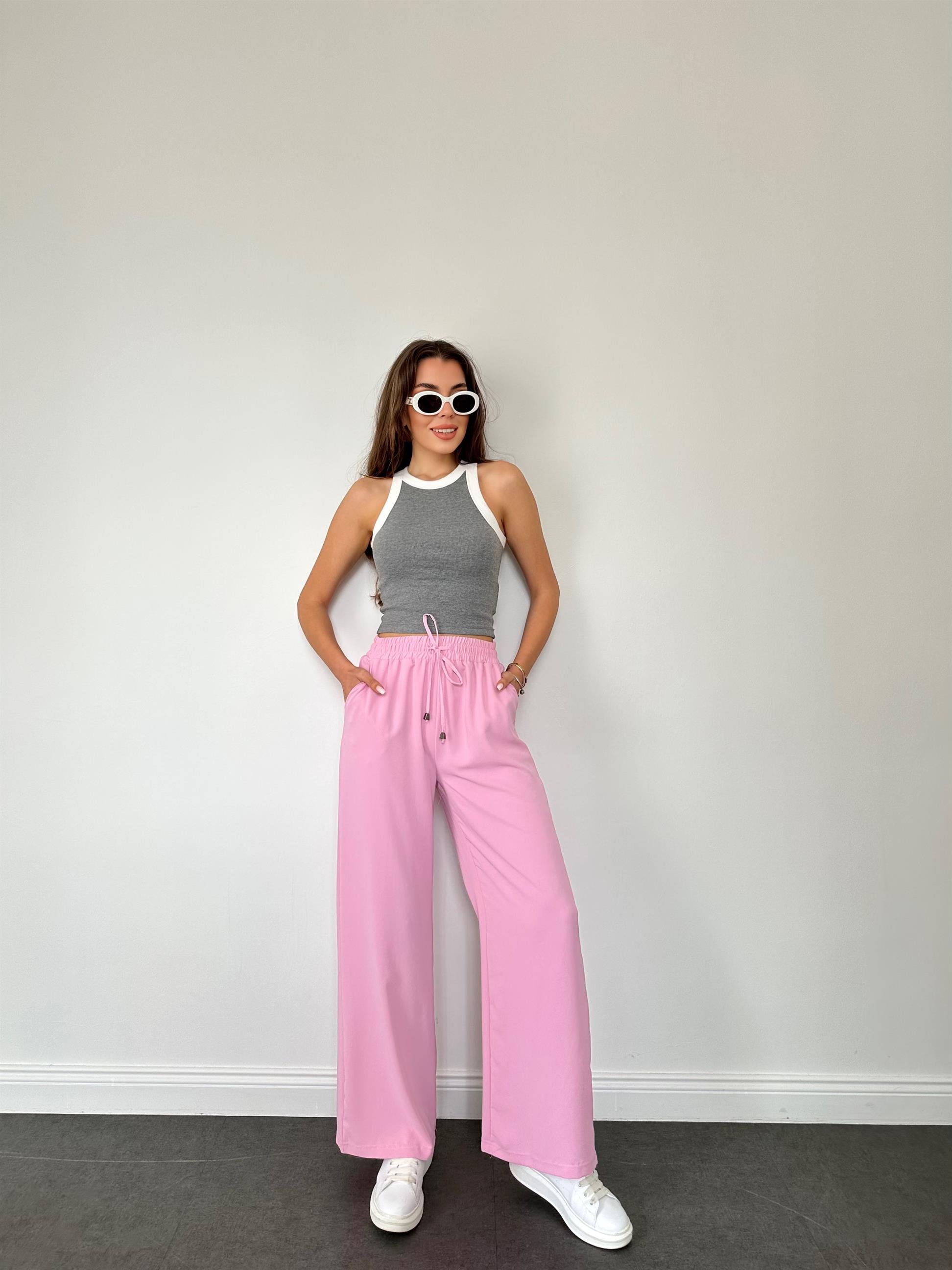 Pembe  Beli Lastikli Geniş Paça Pantolon