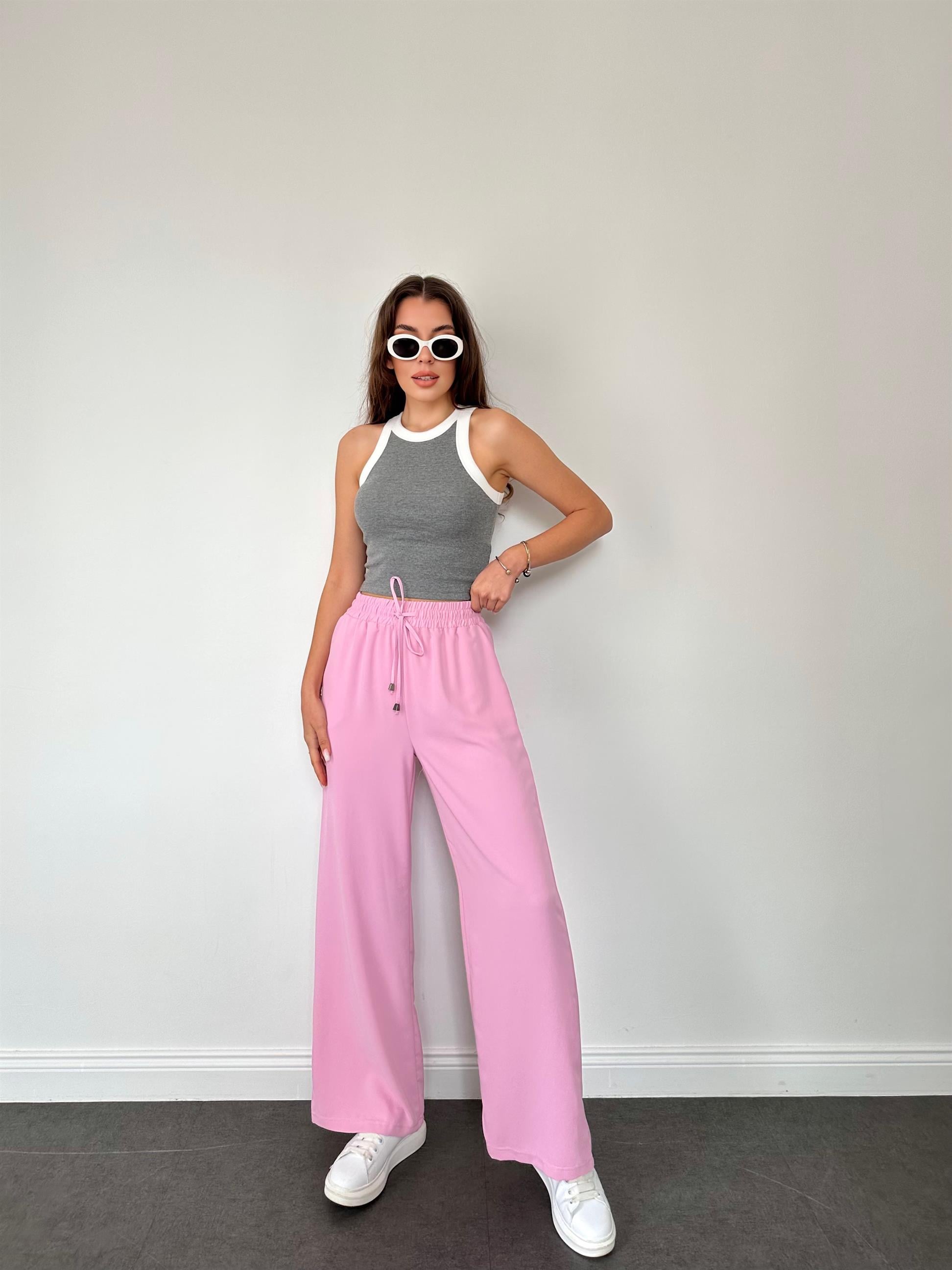 Pembe  Beli Lastikli Geniş Paça Pantolon