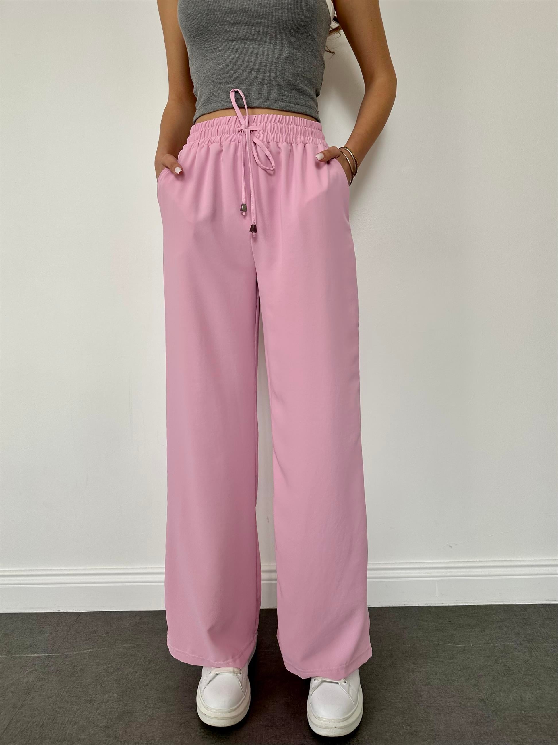 Pembe  Beli Lastikli Geniş Paça Pantolon