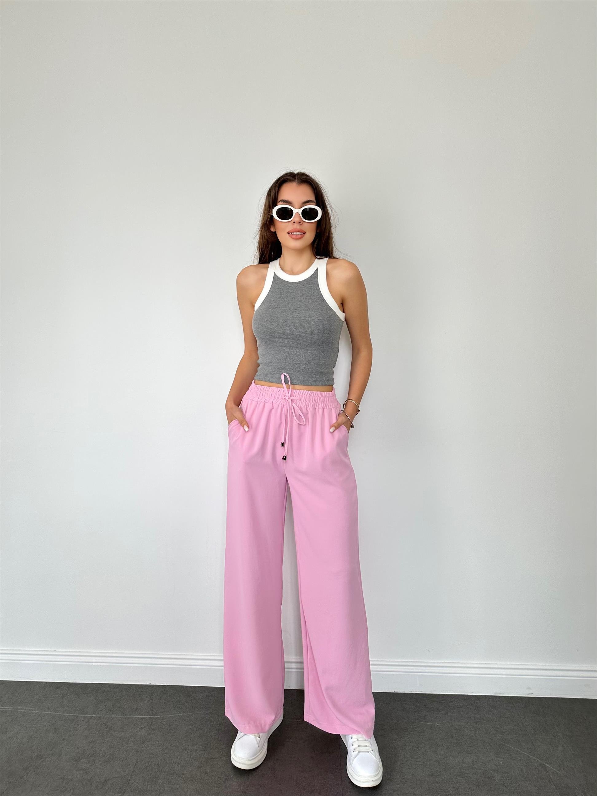 Pembe  Beli Lastikli Geniş Paça Pantolon