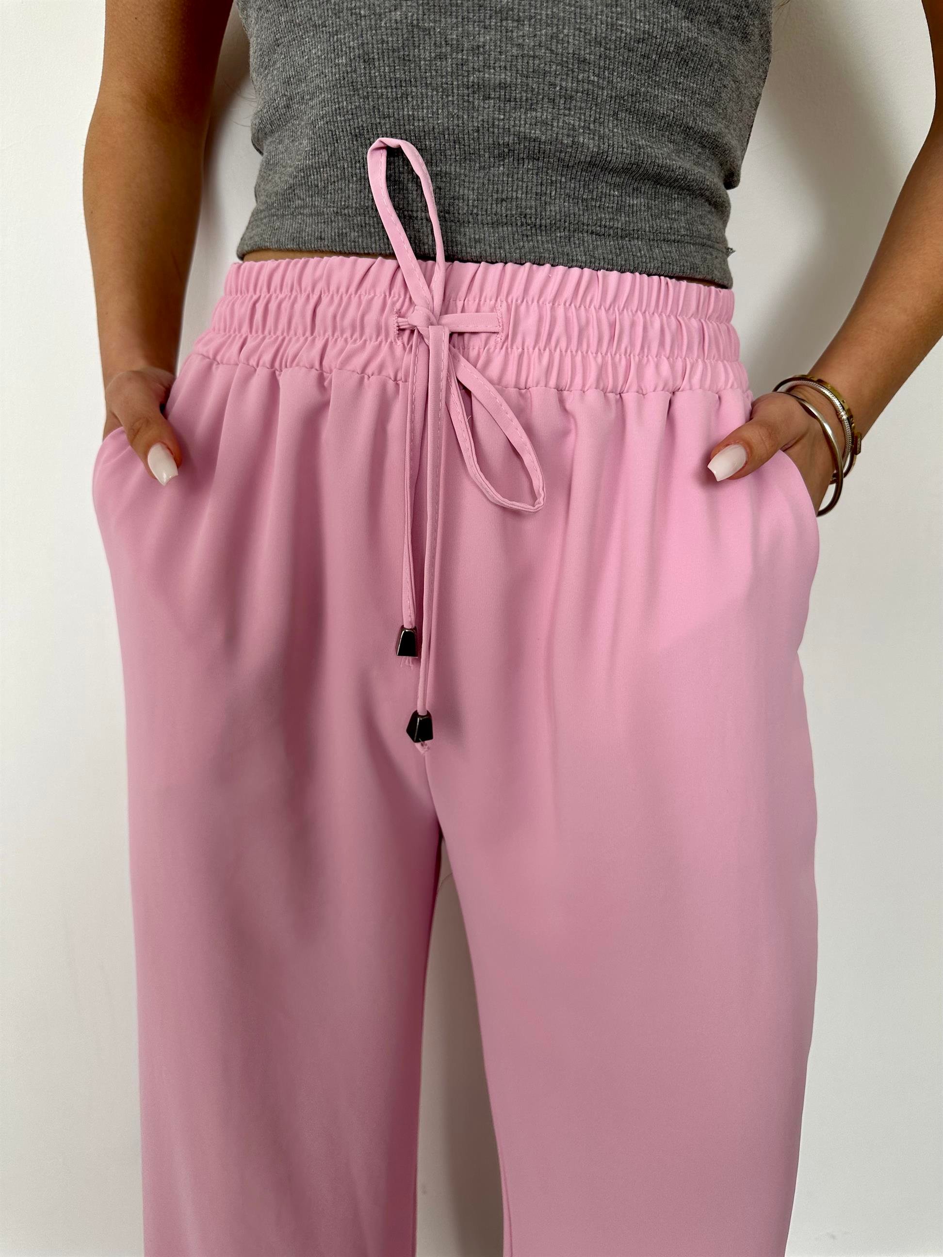 Pembe  Beli Lastikli Geniş Paça Pantolon