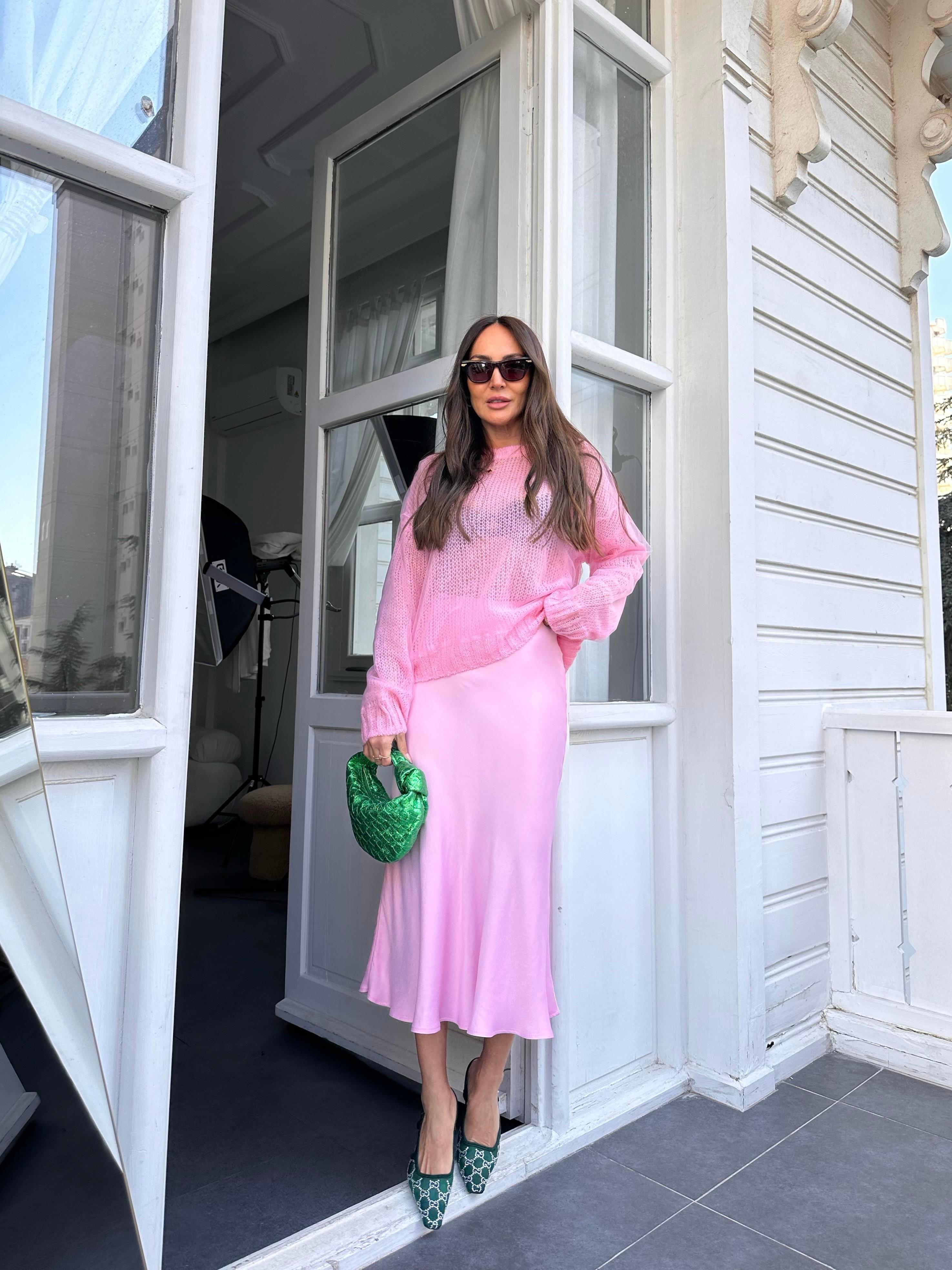 Pembe Bisiklet Yaka Tüllü Kazak