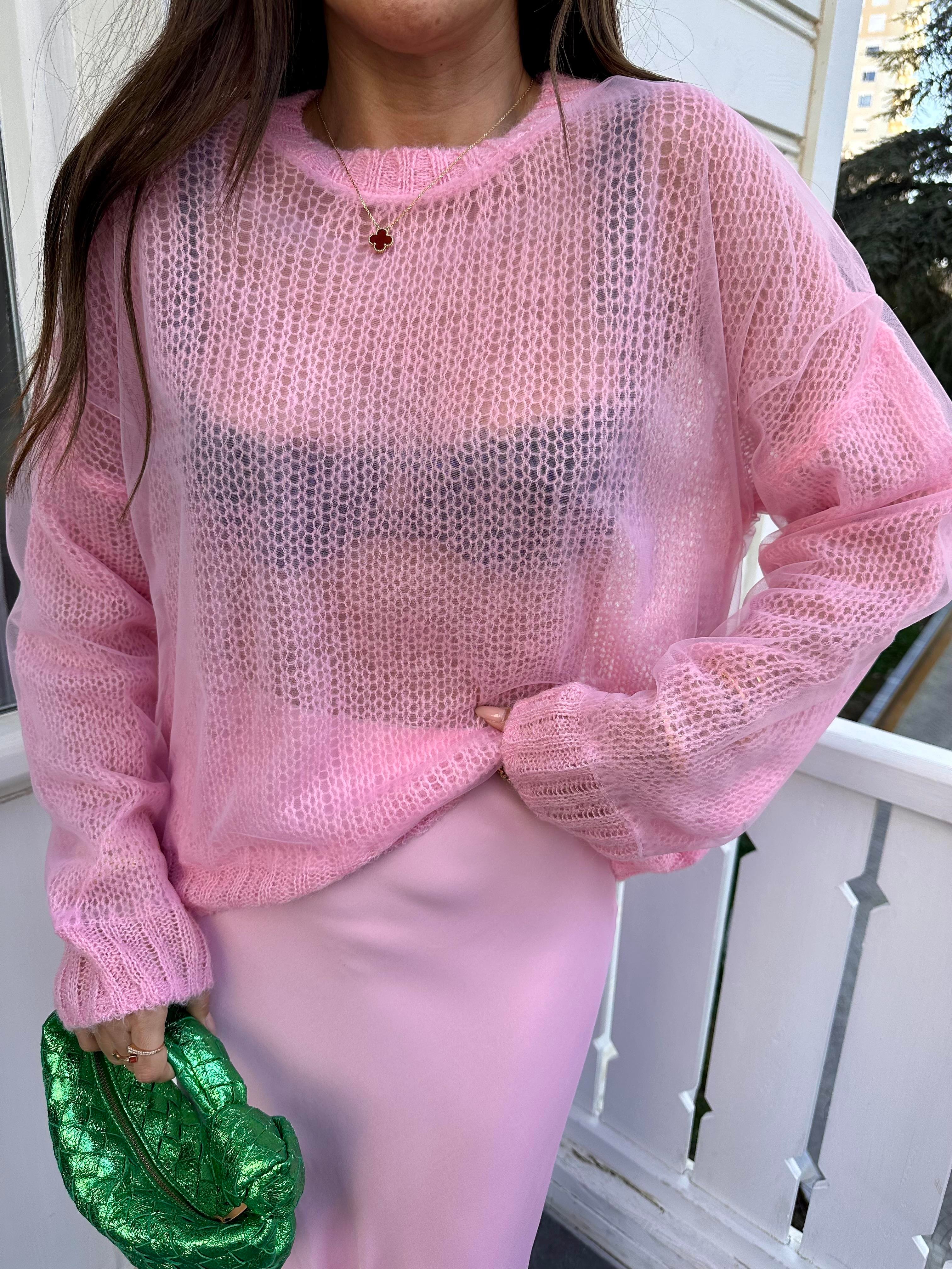 Pembe Bisiklet Yaka Tüllü Kazak