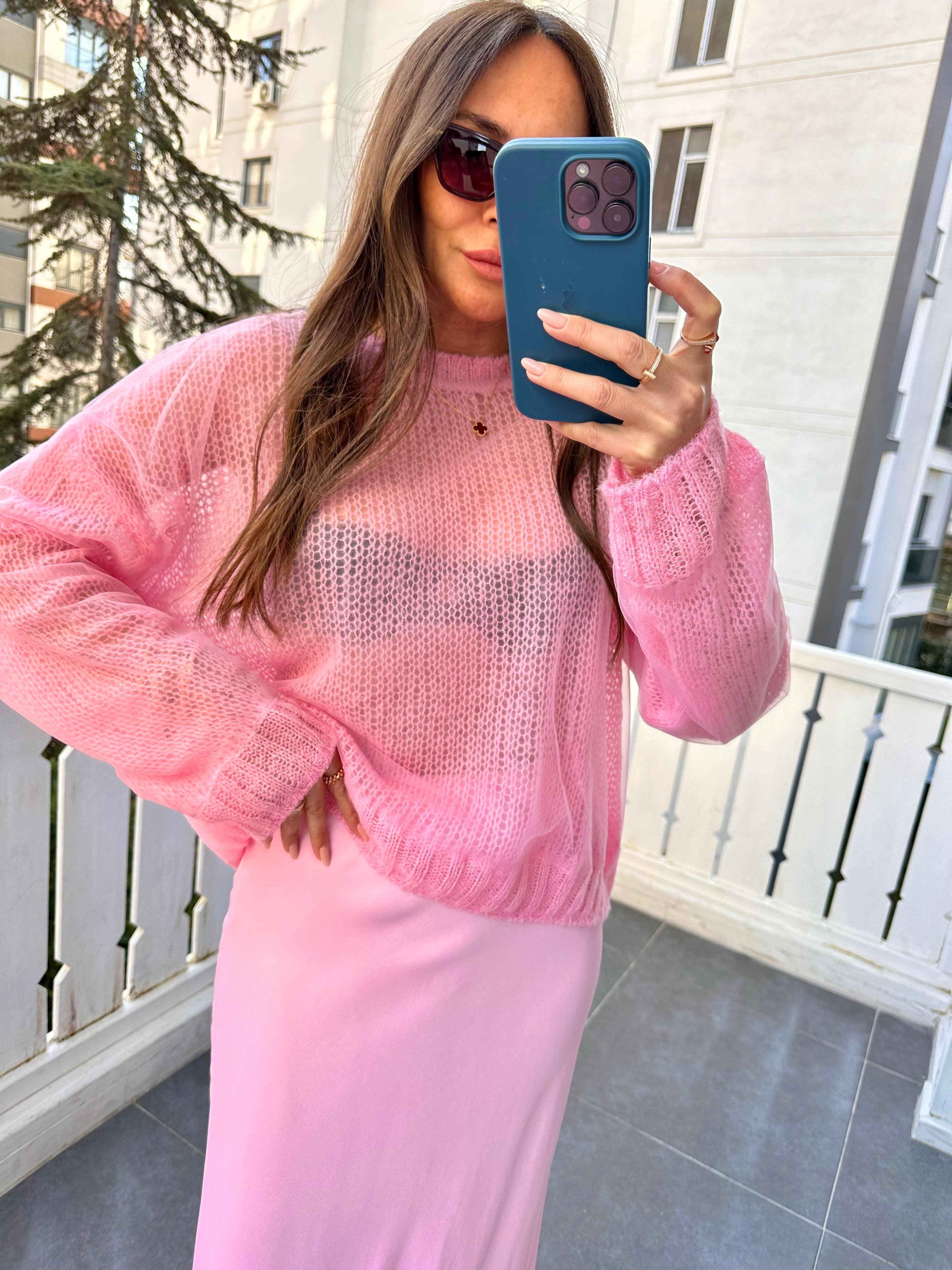 Pembe Bisiklet Yaka Tüllü Kazak