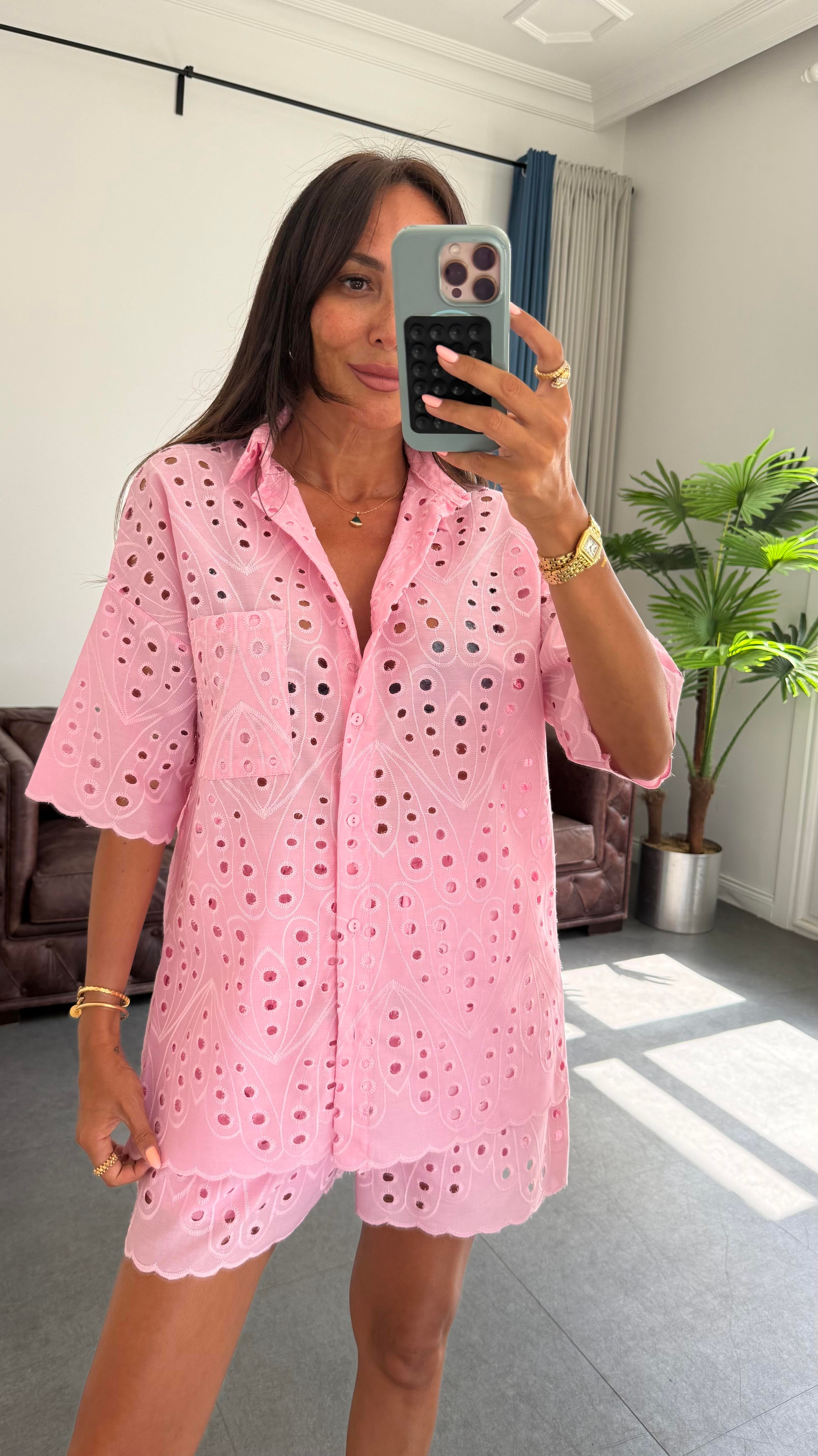 Pembe Brode Şortlu Takım