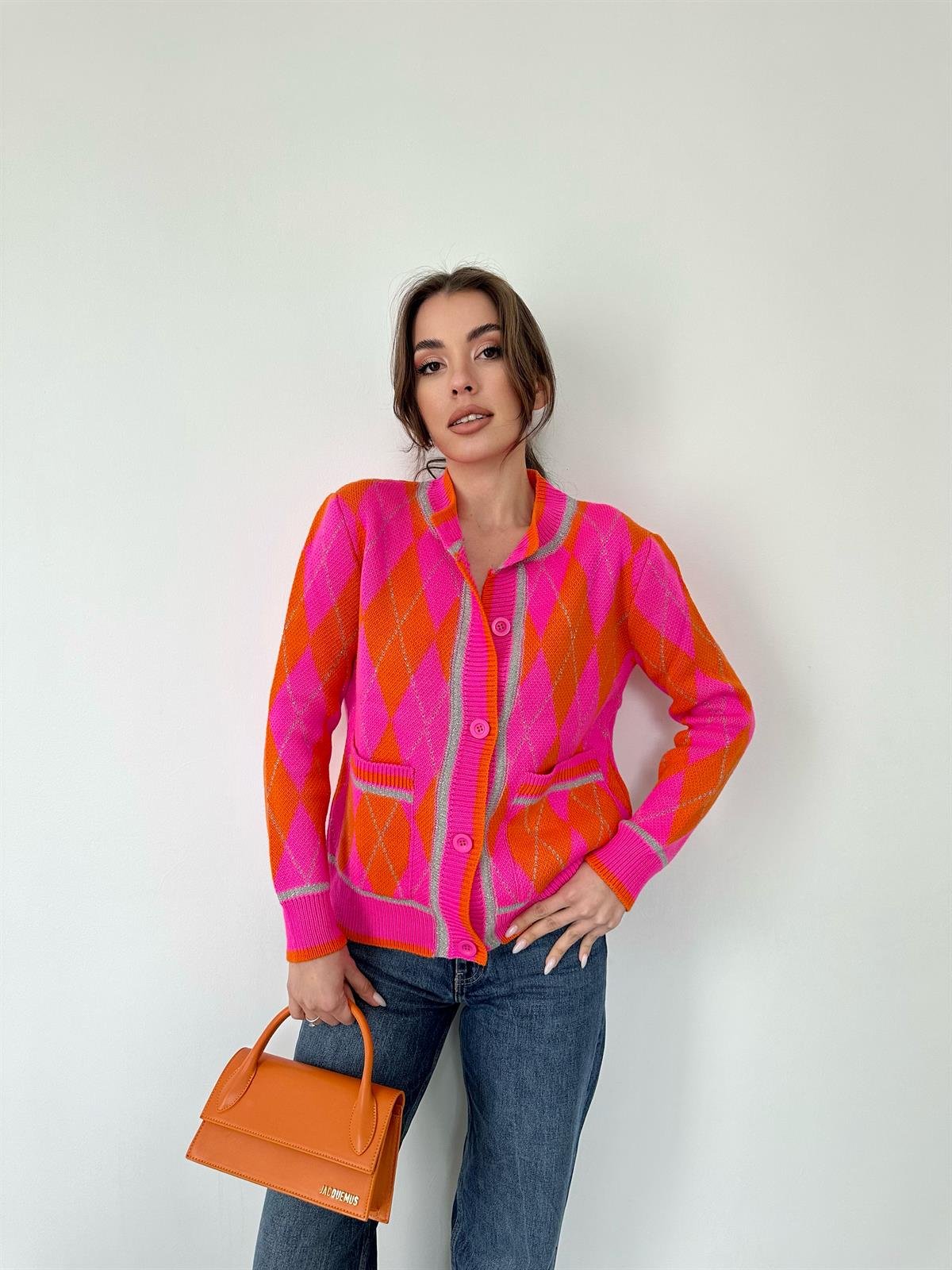 Pembe Ekoseli Gümüş Sim Detaylı Hırka